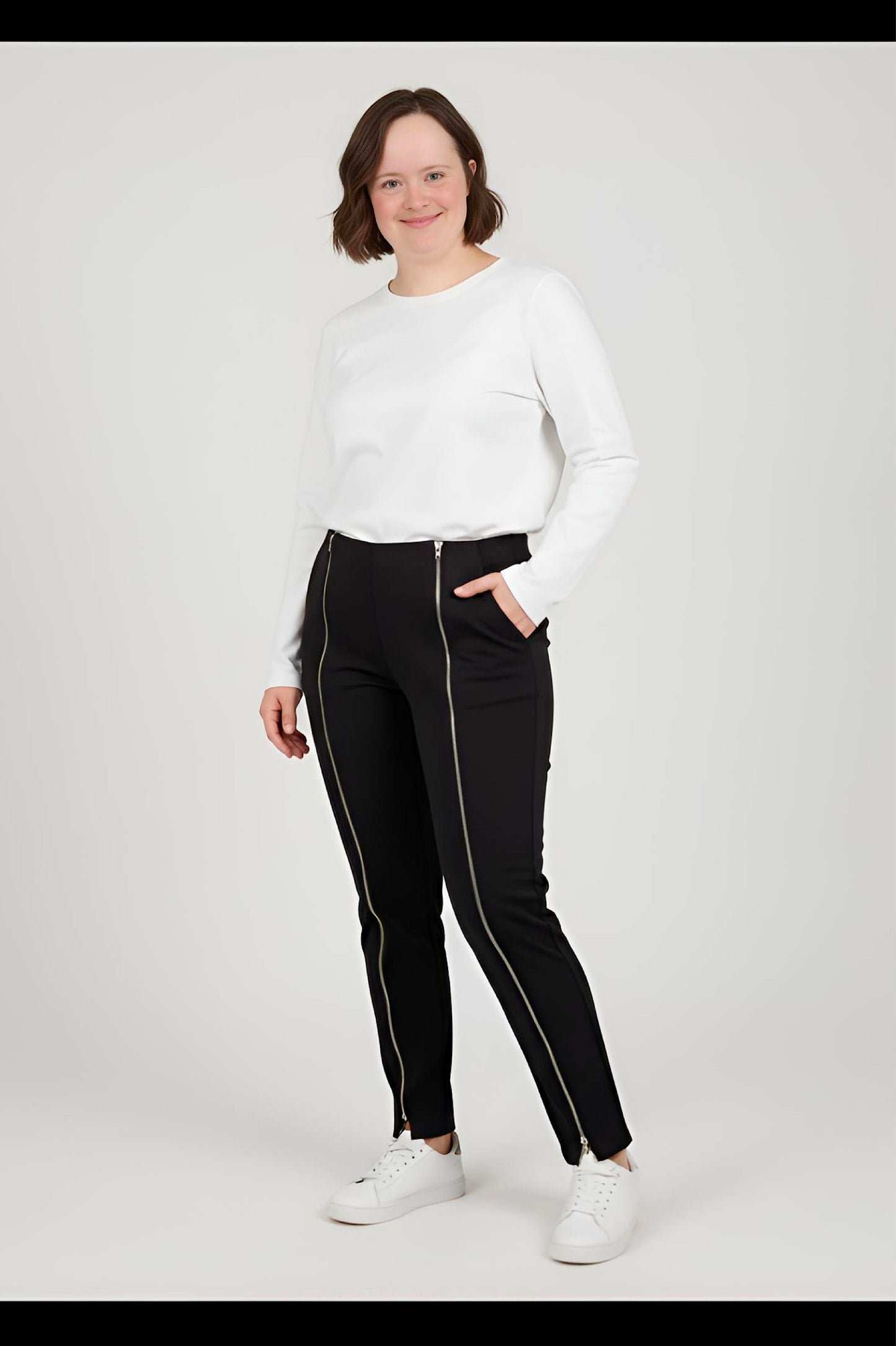 Women's Adaptive Clothing: Stretch Trousers Pant, Waist Elastic, and a Front Full Leg Zip for Easy Undressing