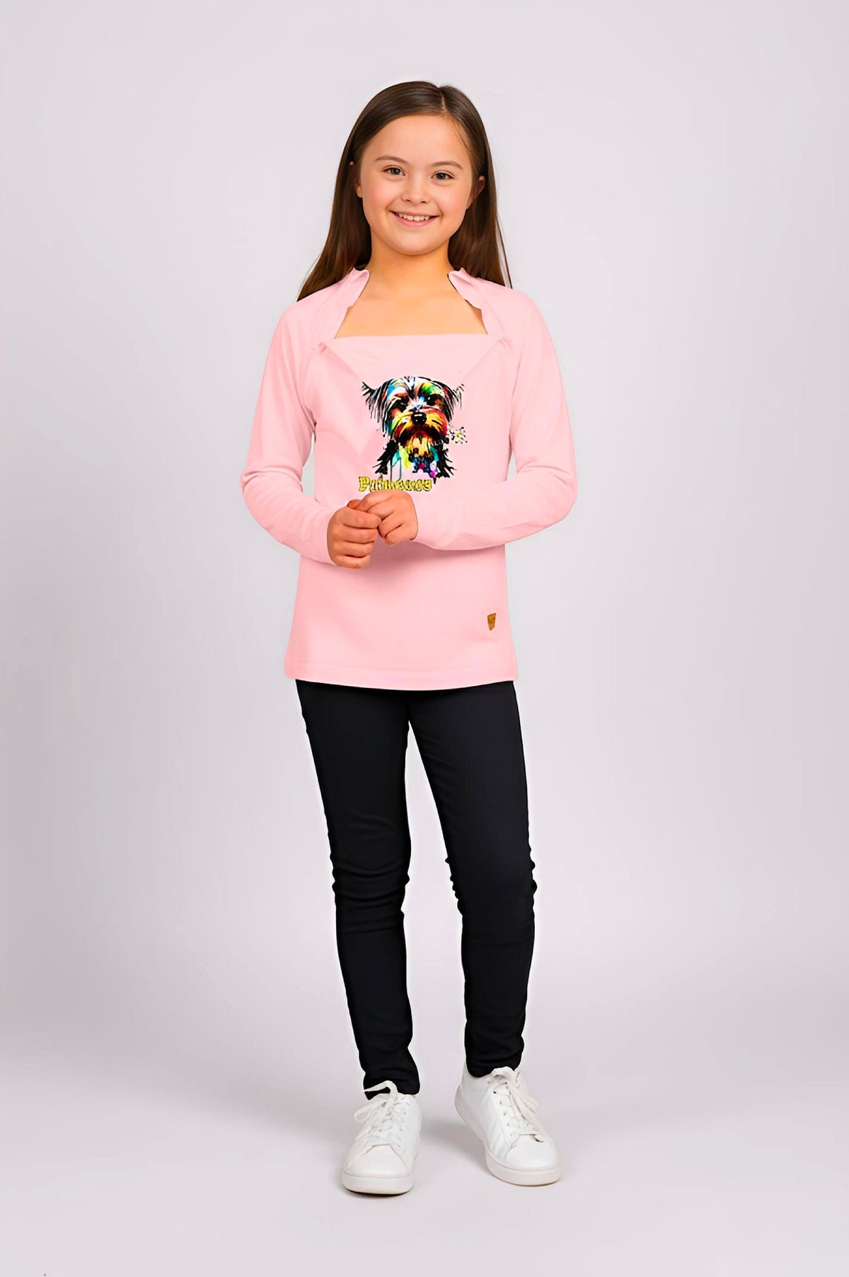 Girl's Adaptive Clothing: Princess Dog Print Raglan Sleeve Top with Cowl Neck and Medical Access Zippers