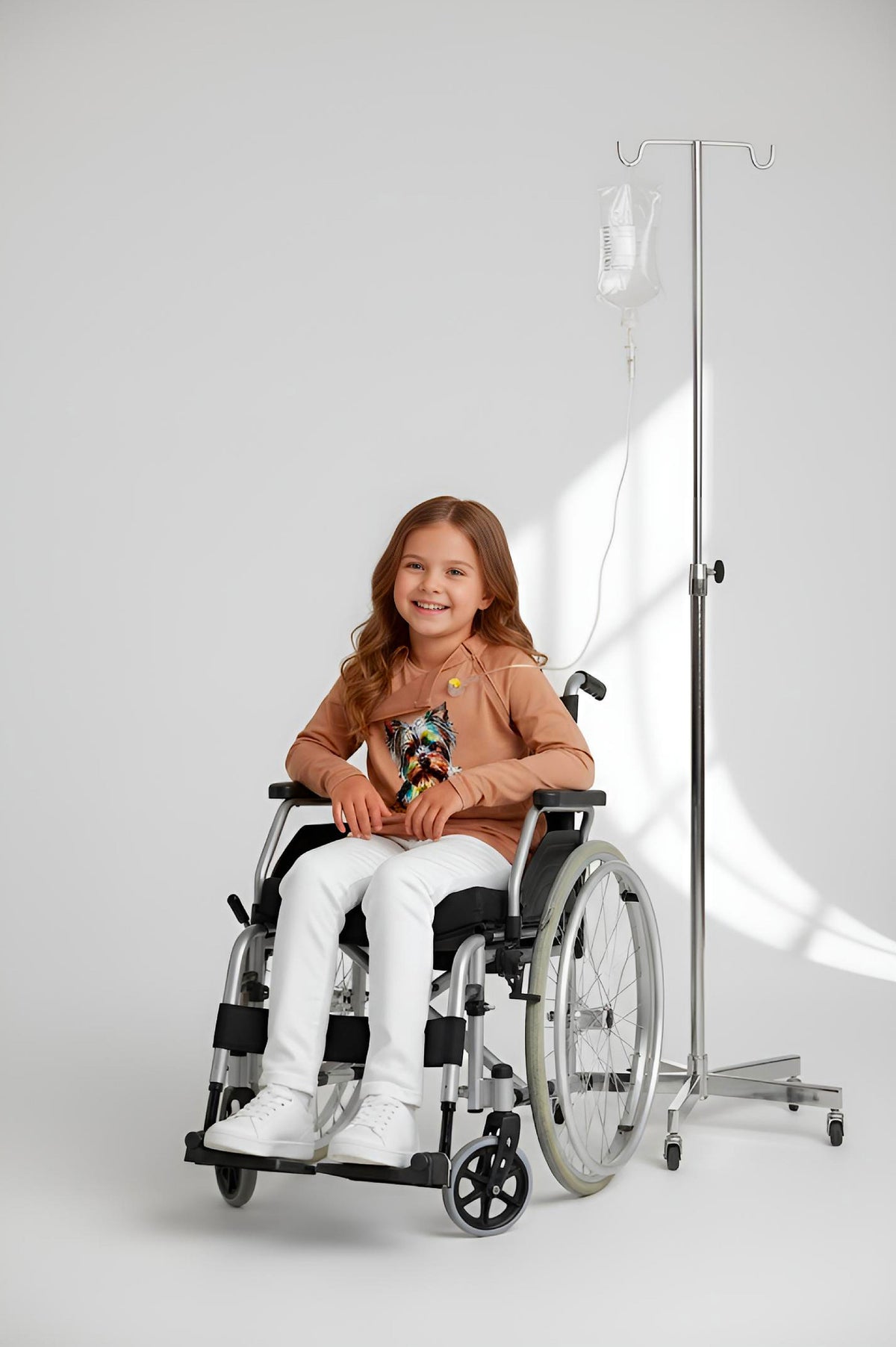 Girl's Adaptive Clothing: Princess Dog Print Raglan Sleeve Top with Cowl Neck and Medical Access Zippers