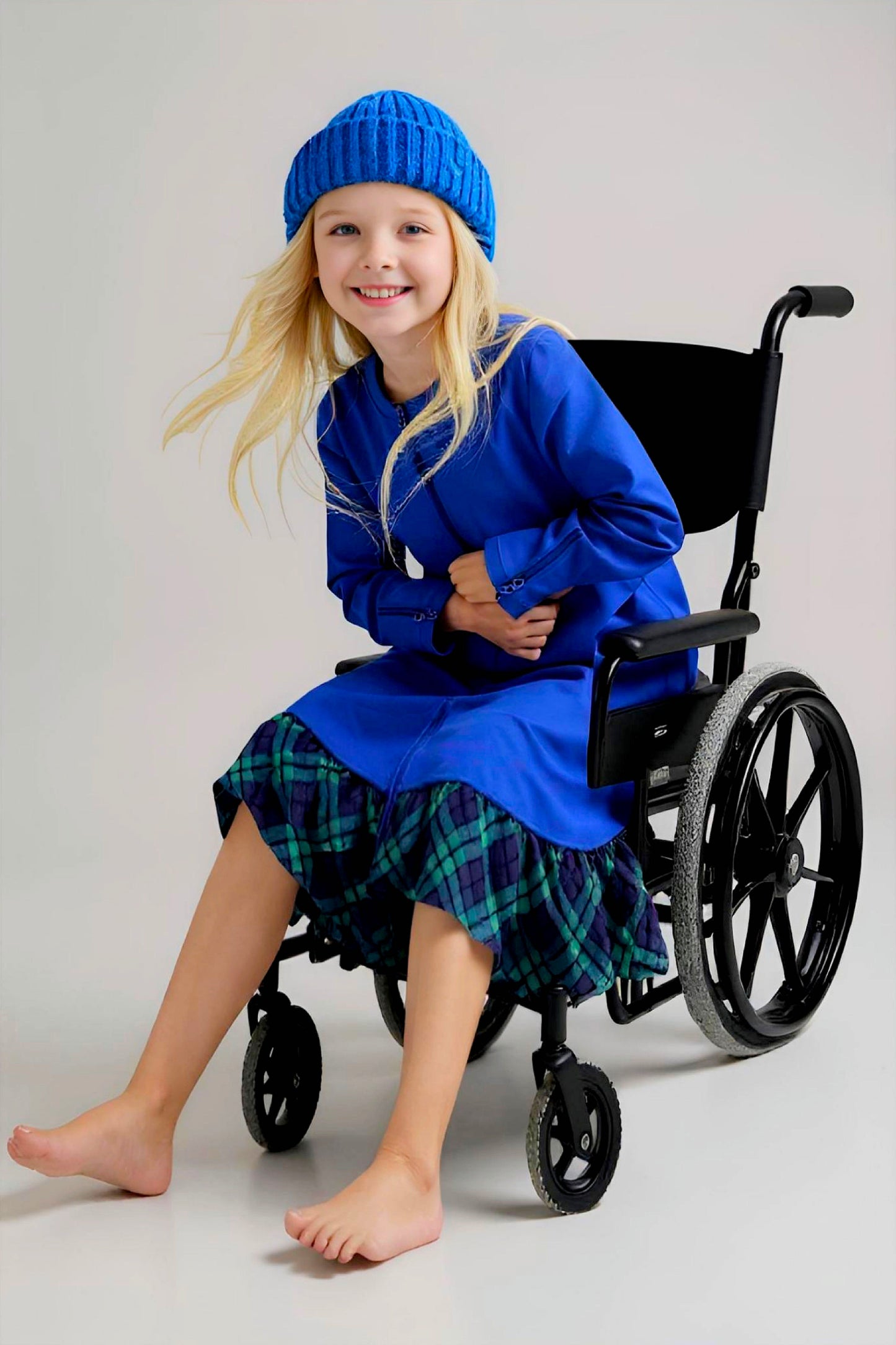 Adaptive Kids Dolman Sweatshirt Dress with full Zipper & Contrast Frills