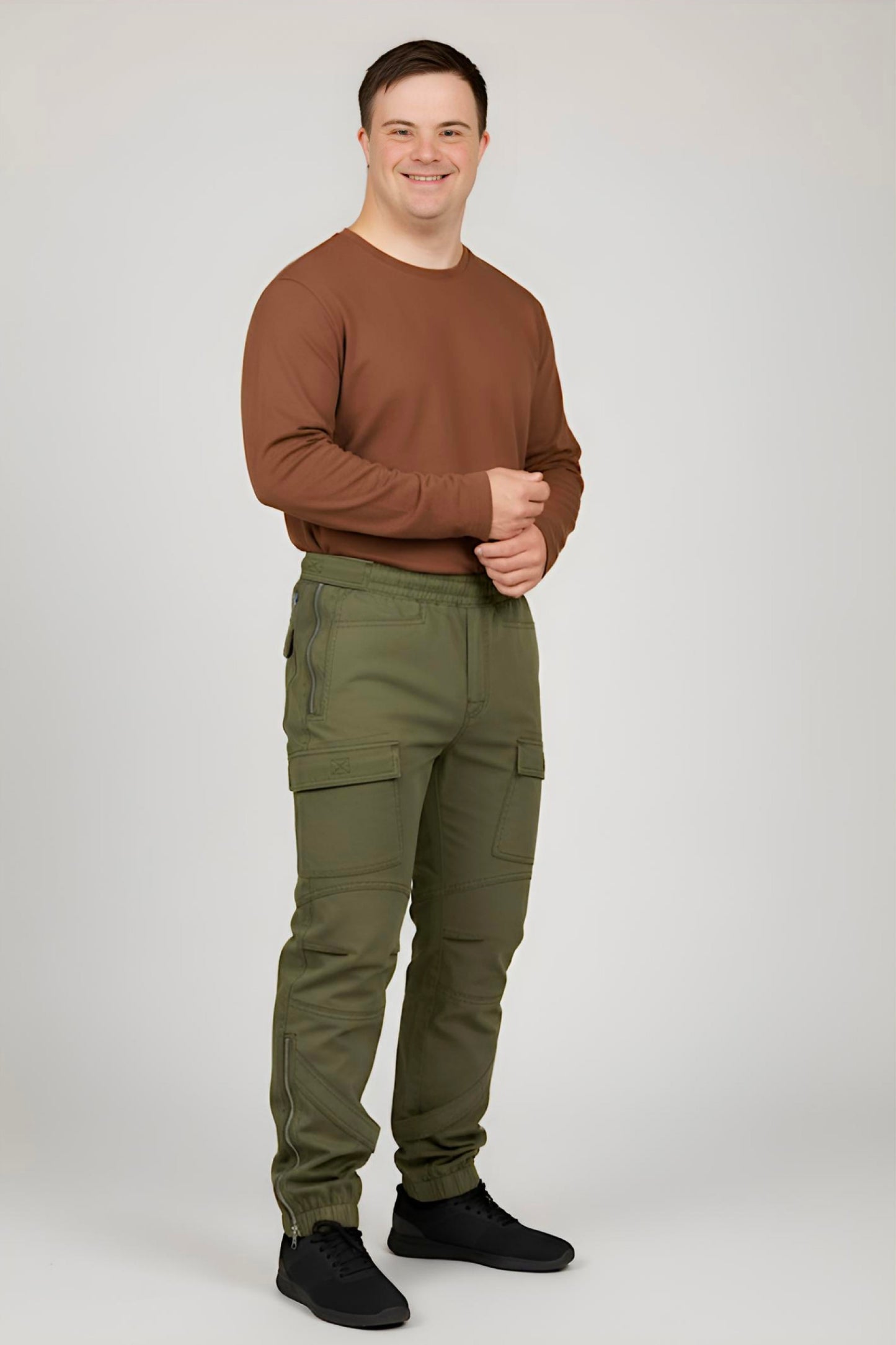 Men's Adaptive Clothing Woven Jogger Pants, Full Waistband Ribbed with Elastic and a Strip, Easy Zipper, Both at the Top and Bottom