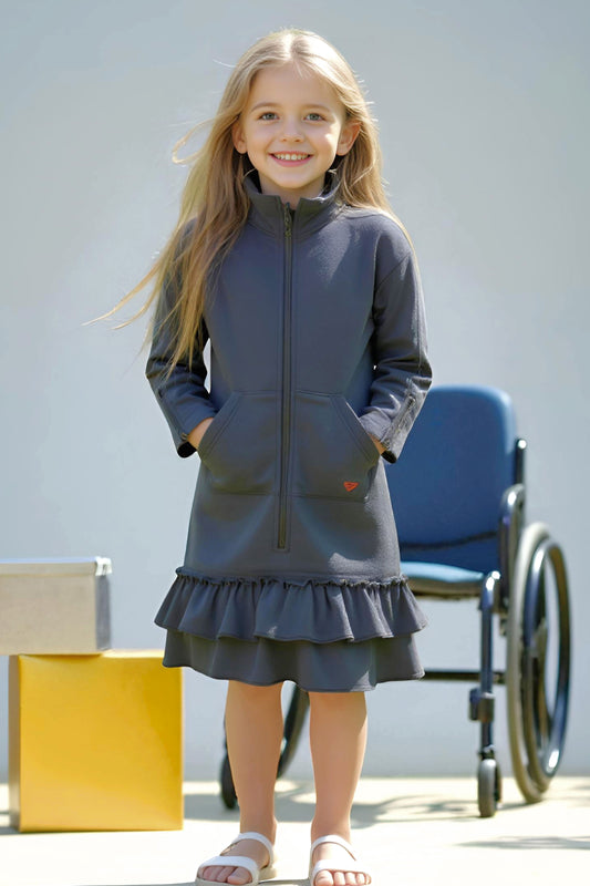Kids Adaptive Dolman Sweatshirt Dress with Zipper & Cargo Pocket