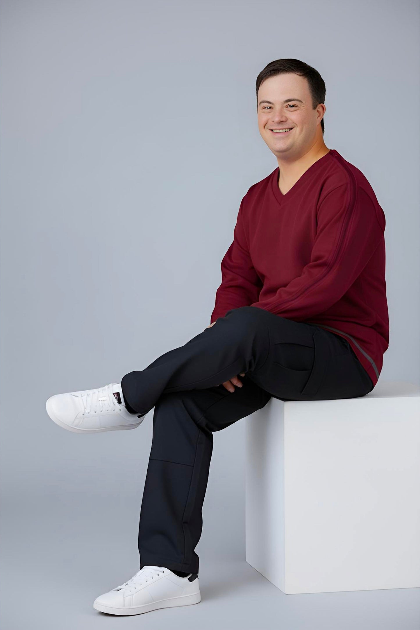 Men’s Adaptive Clothing Long Sleeve Soft Style Cotton V Neck Top with a Full Zipper at Shoulder Opens Completely for Easy Undressing