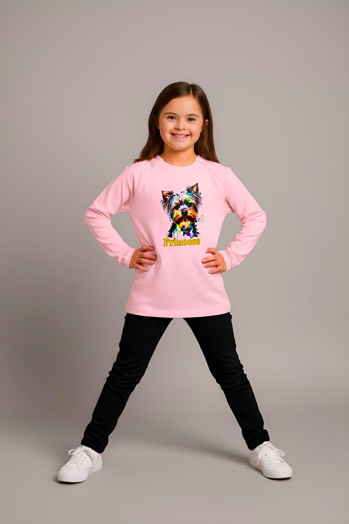 Girl's Adaptive Clothing: Princess Dog Print Raglan Sleeve Top with Cowl Neck and Medical Access Zippers