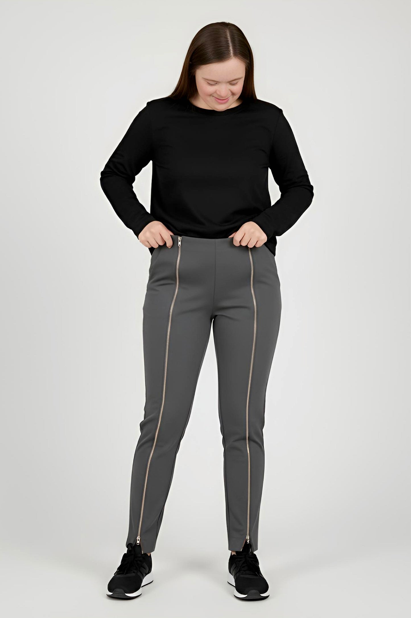 Women's Adaptive Clothing: Stretch Trousers Pant, Waist Elastic, and a Front Full Leg Zip for Easy Undressing
