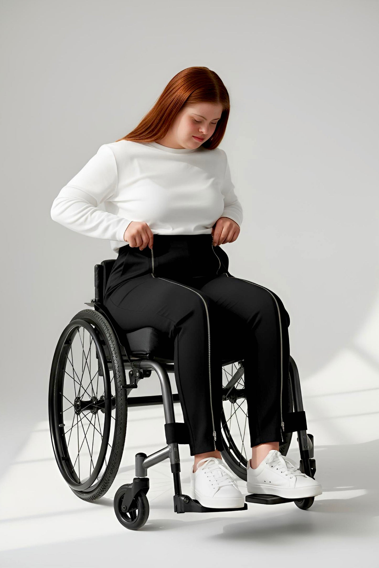 Women's Adaptive Clothing: Stretch Trousers Pant, Waist Elastic, and a Front Full Leg Zip for Easy Undressing