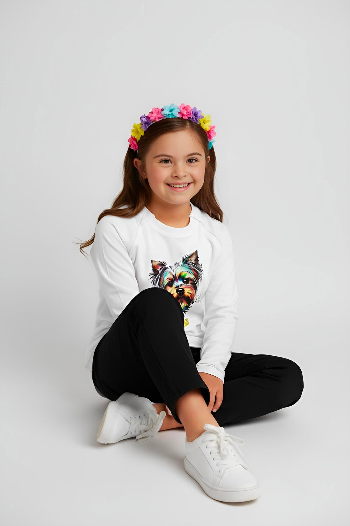 Girl's Adaptive Clothing: Princess Dog Print Raglan Sleeve Top with Cowl Neck and Medical Access Zippers