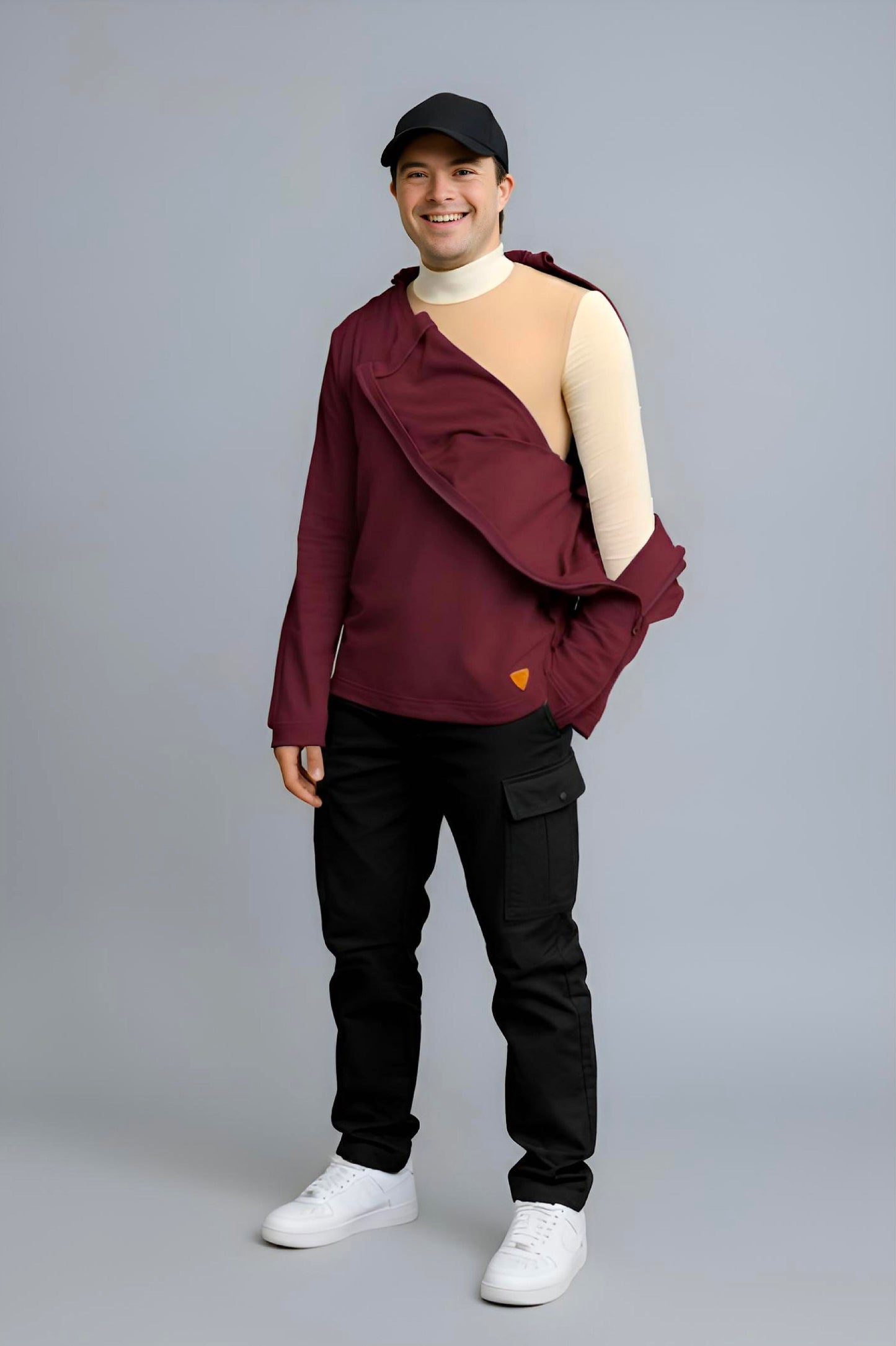 Men’s Adaptive Clothing Long Sleeve Soft Style Cotton V Neck Top with a Full Zipper at Shoulder Opens Completely for Easy Undressing
