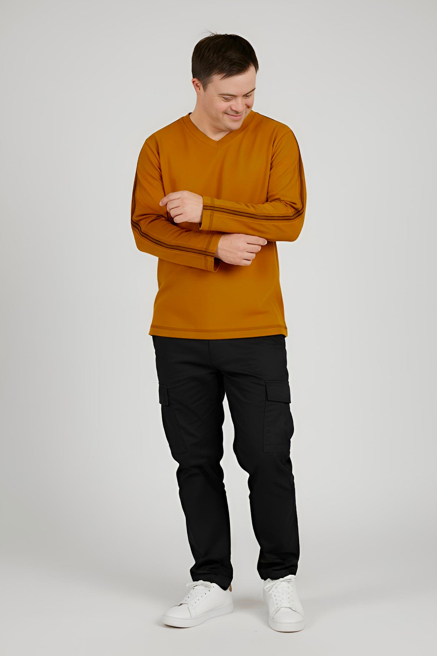 Men’s Adaptive Clothing Long Sleeve Soft Style Cotton V Neck Top with a Full Zipper at Shoulder Opens Completely for Easy Undressing