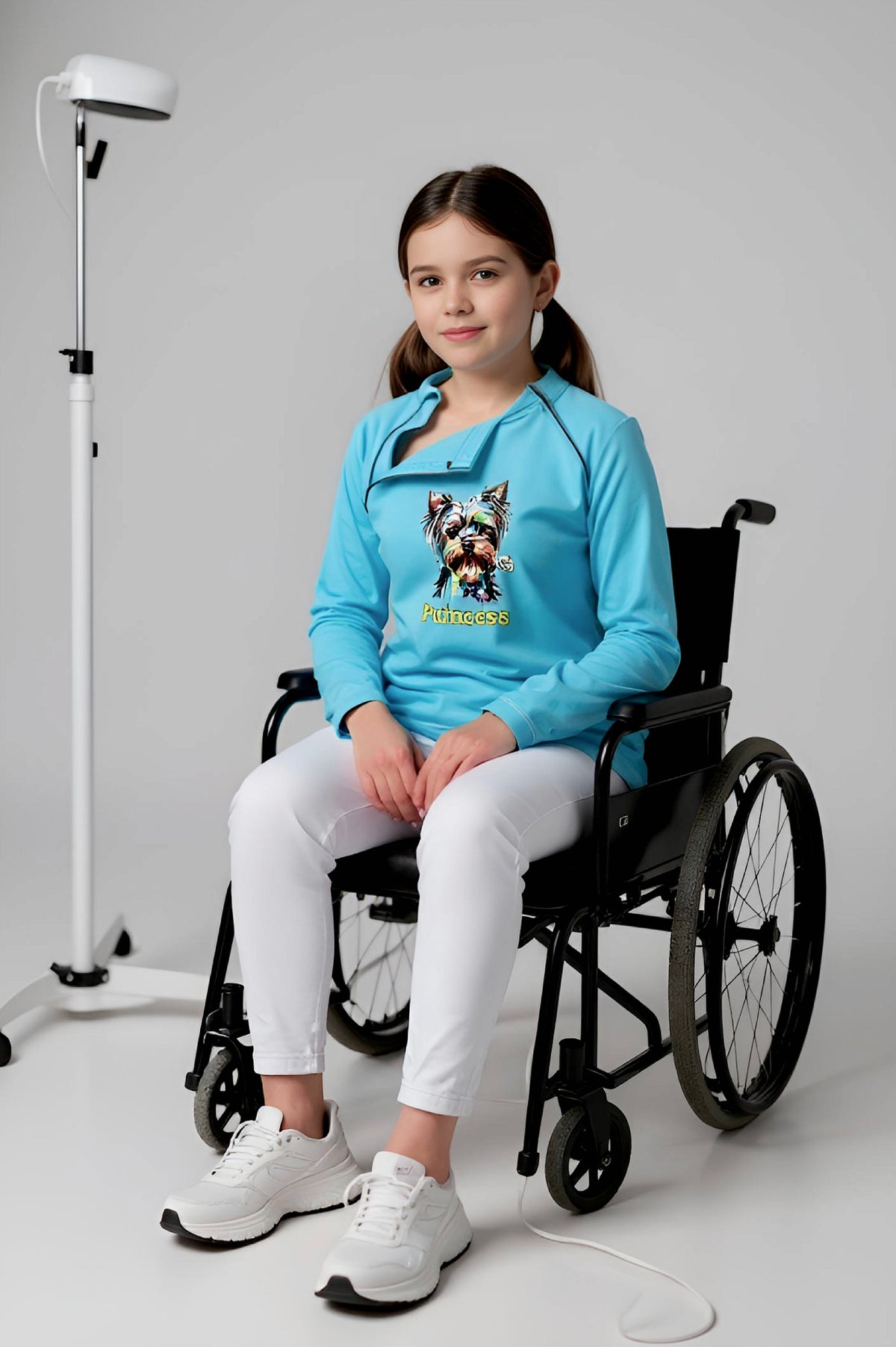 Girl's Adaptive Clothing: Princess Dog Print Raglan Sleeve Top with Cowl Neck and Medical Access Zippers