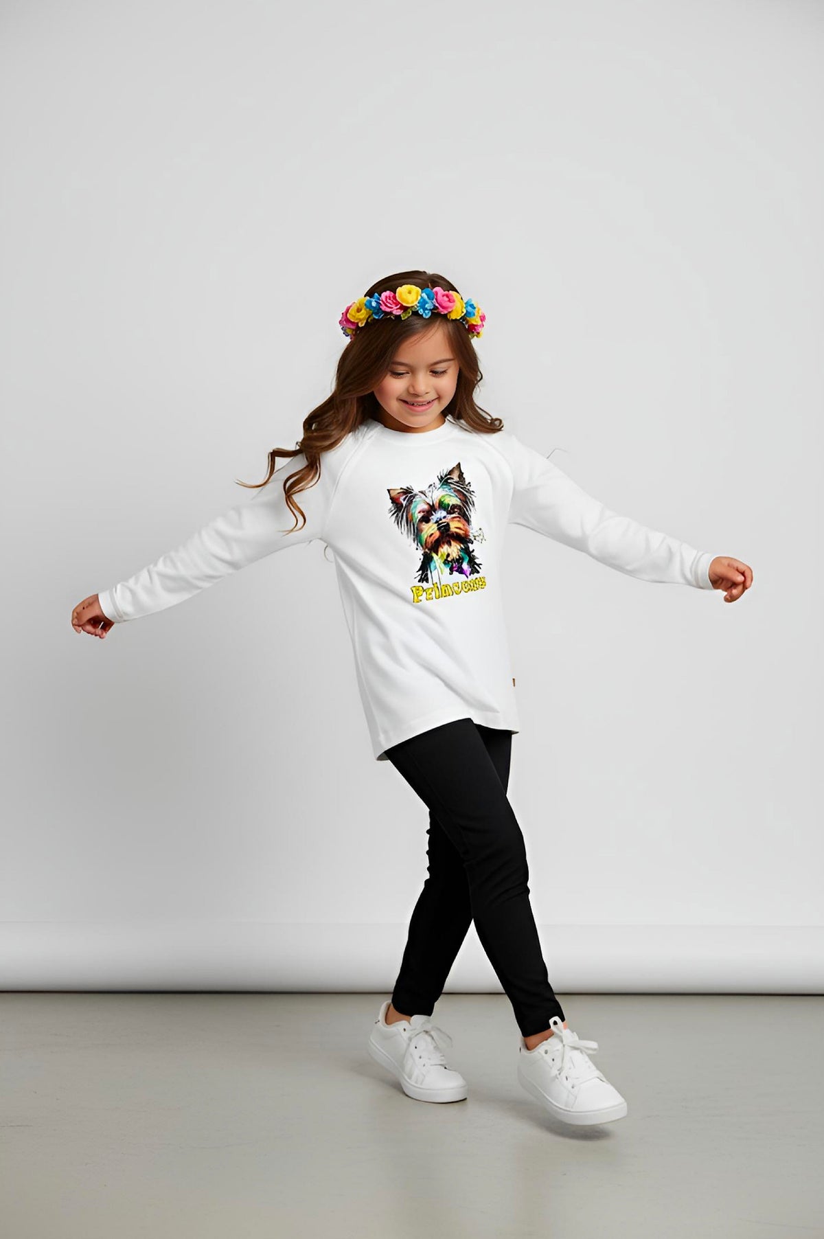 Girl's Adaptive Clothing: Princess Dog Print Raglan Sleeve Top with Cowl Neck and Medical Access Zippers