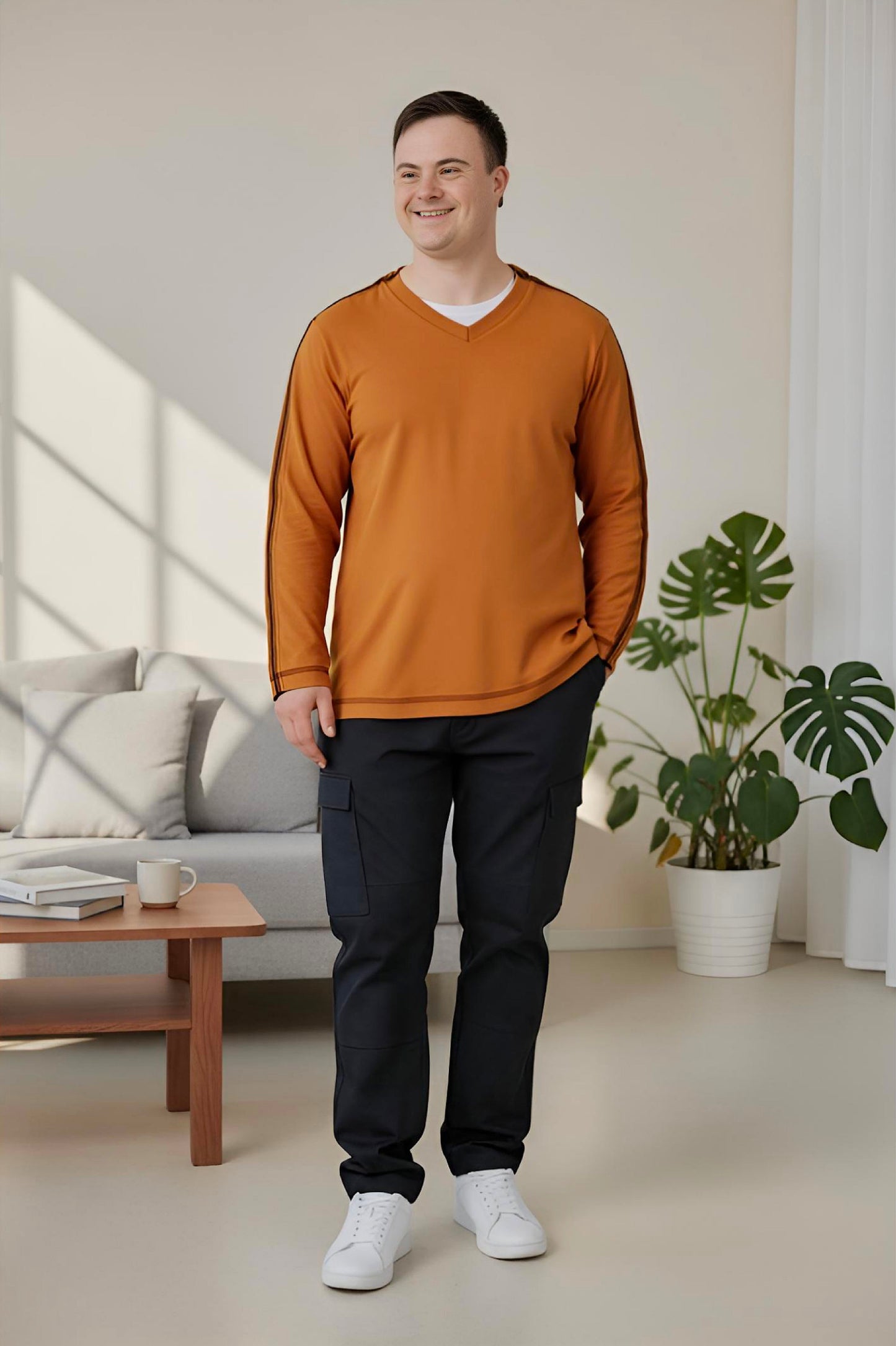 Men’s Adaptive Clothing Long Sleeve Soft Style Cotton V Neck Top with a Full Zipper at Shoulder Opens Completely for Easy Undressing