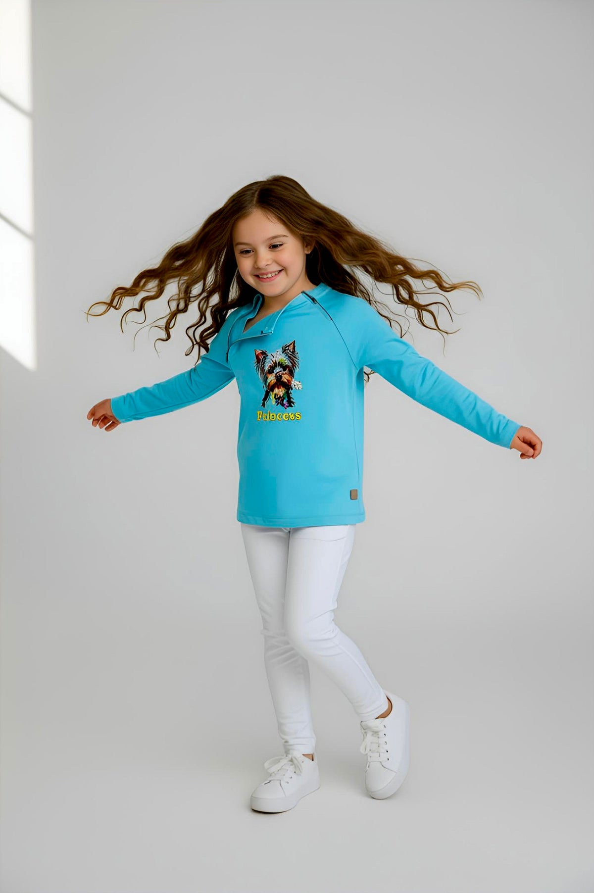 Girl's Adaptive Clothing: Princess Dog Print Raglan Sleeve Top with Cowl Neck and Medical Access Zippers