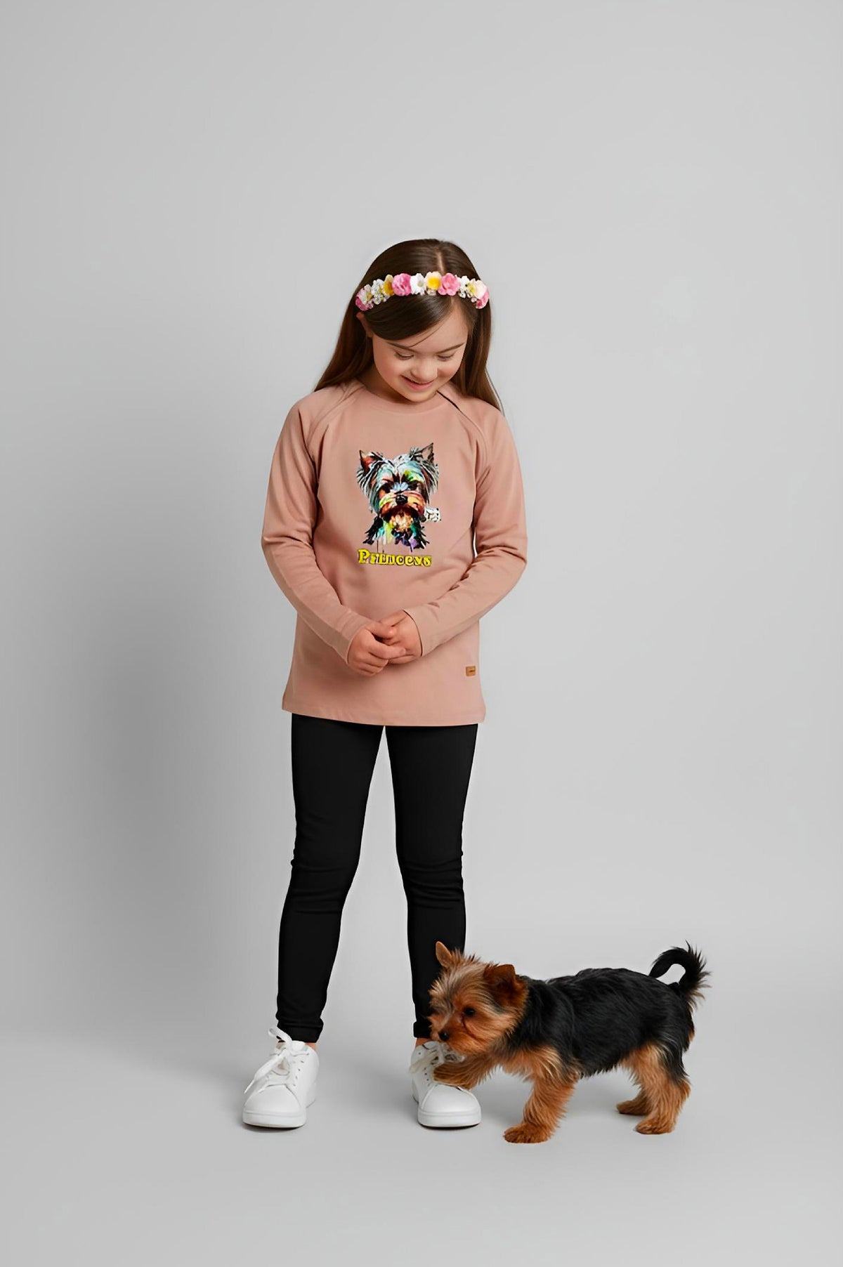Girl's Adaptive Clothing: Princess Dog Print Raglan Sleeve Top with Cowl Neck and Medical Access Zippers