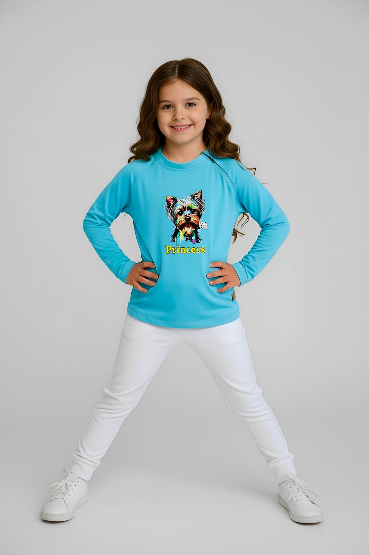 Girl's Adaptive Clothing: Princess Dog Print Raglan Sleeve Top with Cowl Neck and Medical Access Zippers