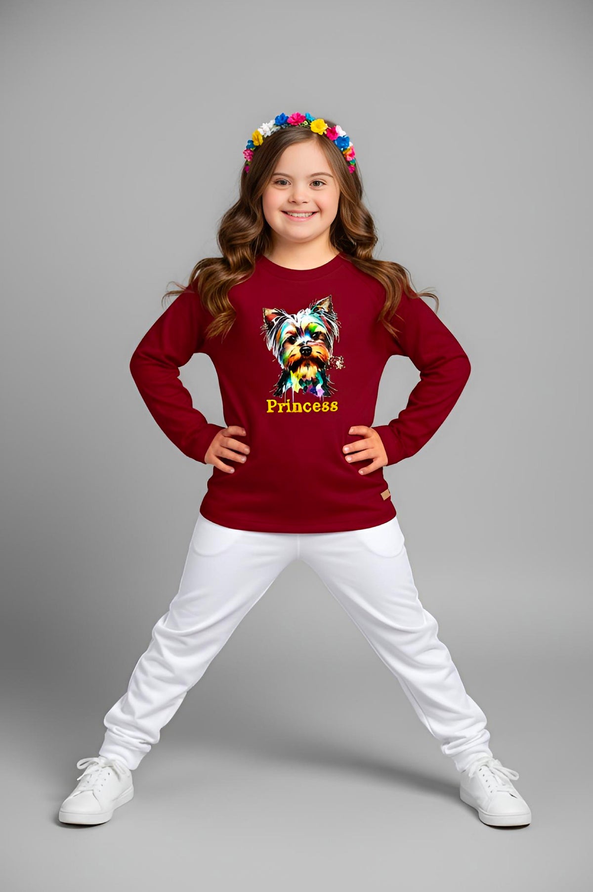 Girl's Adaptive Clothing: Princess Dog Print Raglan Sleeve Top with Cowl Neck and Medical Access Zippers