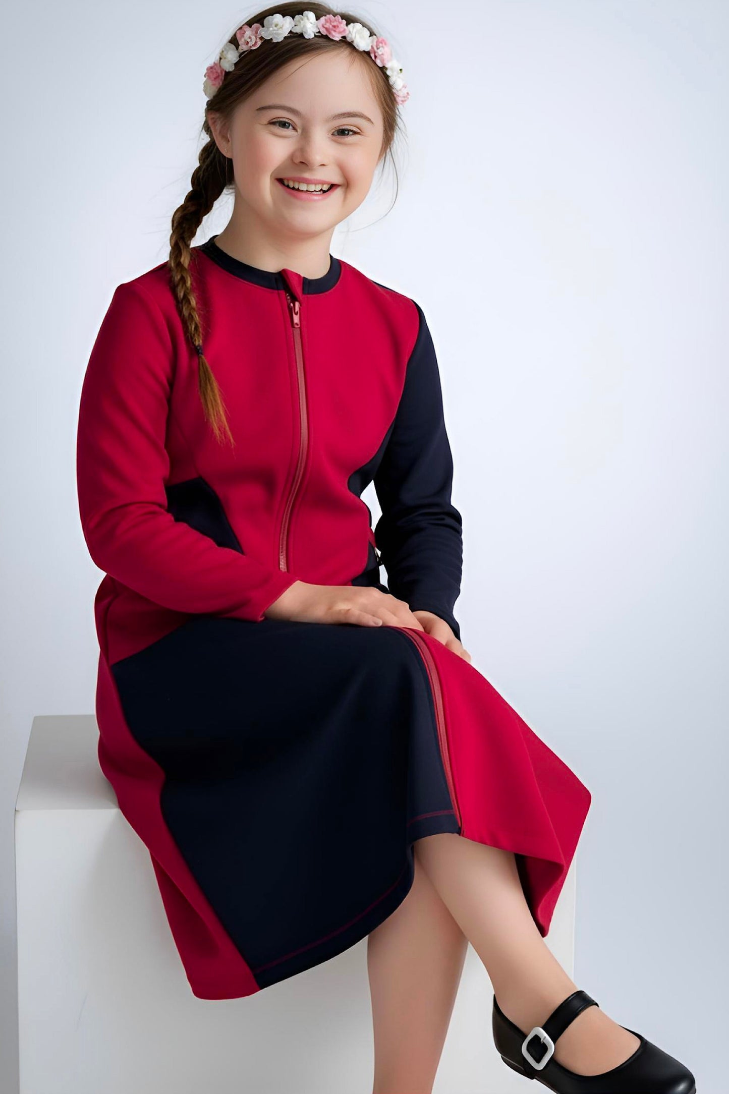 Adaptive Kids Crow Neck Dress with Cargo Pocket & Full Front Zipper for Easy Undressing