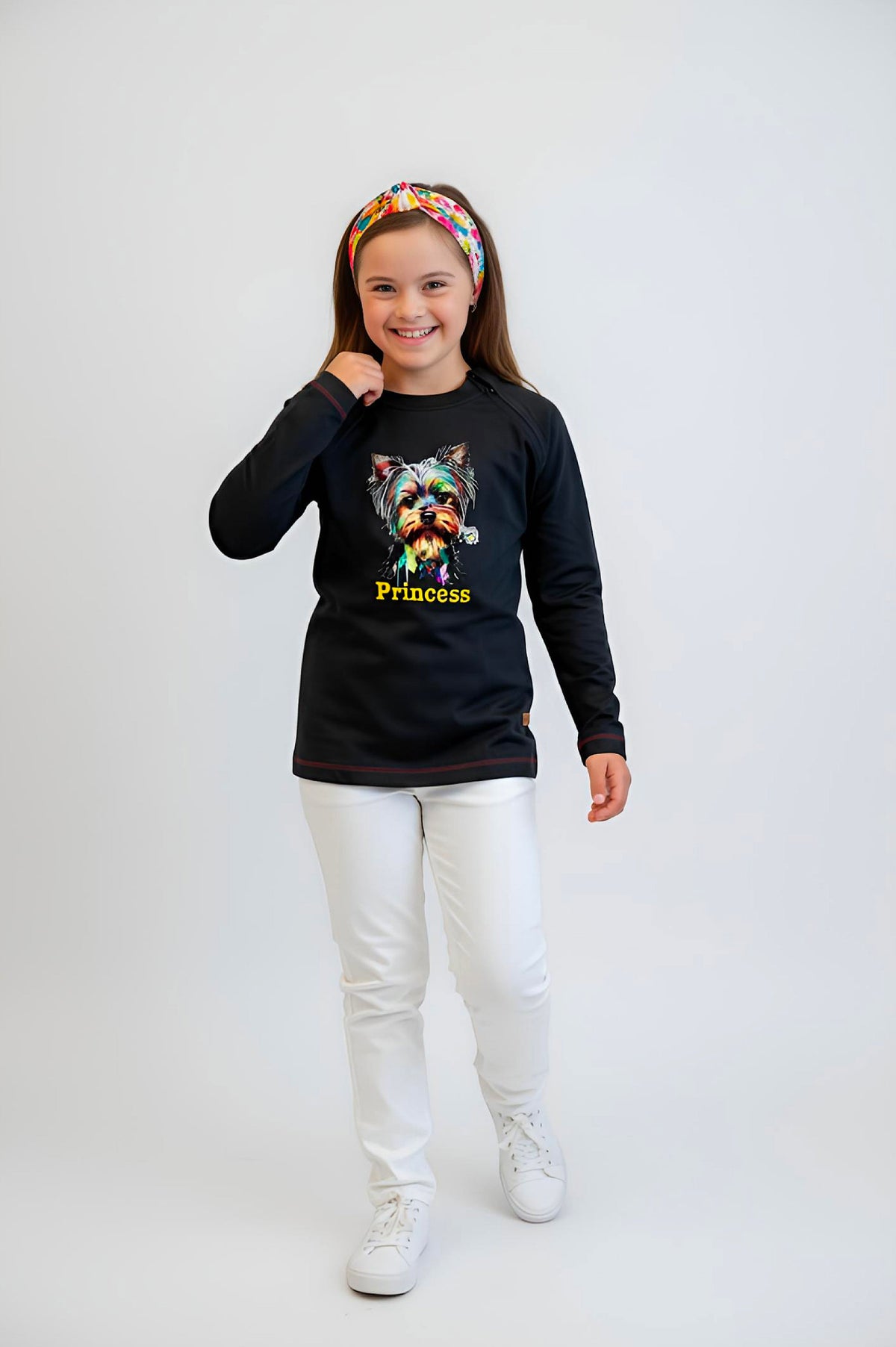 Girl's Adaptive Clothing: Princess Dog Print Raglan Sleeve Top with Cowl Neck and Medical Access Zippers