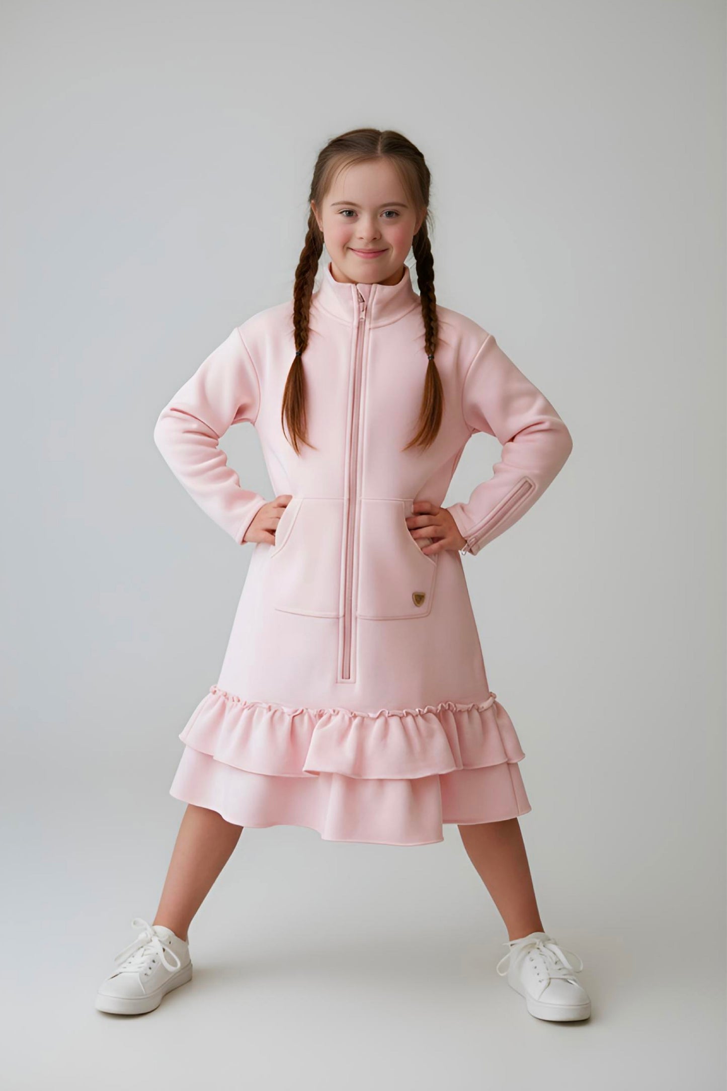 Kids Adaptive Dolman Sweatshirt Dress with Zipper & Cargo Pocket