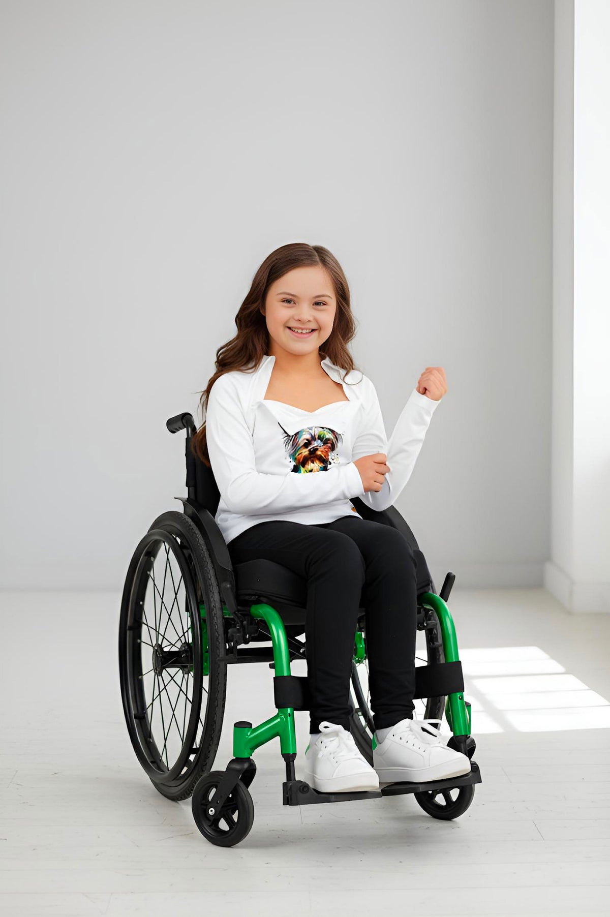 Girl's Adaptive Clothing: Princess Dog Print Raglan Sleeve Top with Cowl Neck and Medical Access Zippers