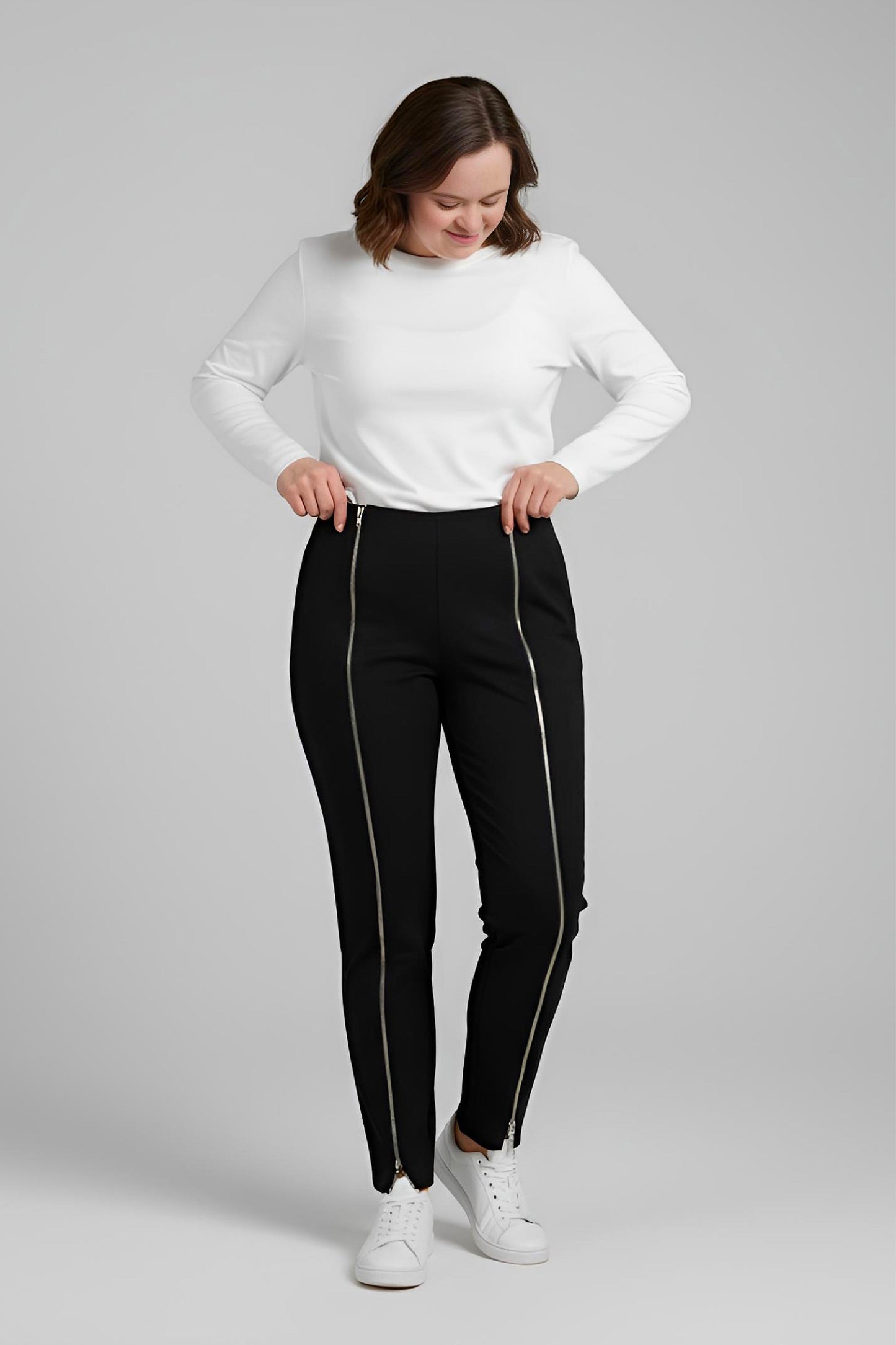 Women's Adaptive Clothing: Stretch Trousers Pant, Waist Elastic, and a Front Full Leg Zip for Easy Undressing