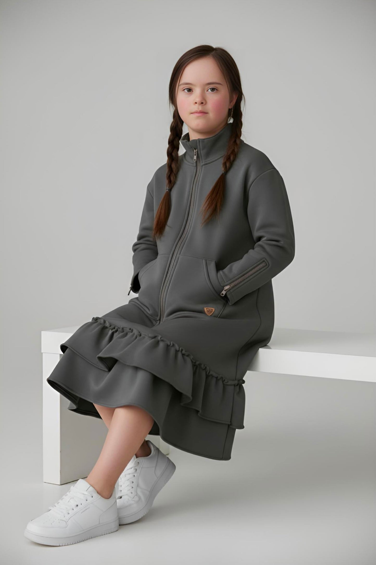 Kids Adaptive Dolman Sweatshirt Dress with Zipper & Cargo Pocket