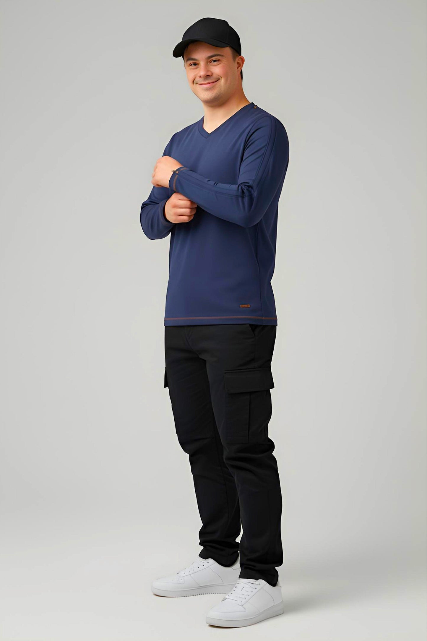 Men’s Adaptive Clothing Long Sleeve Soft Style Cotton V Neck Top with a Full Zipper at Shoulder Opens Completely for Easy Undressing