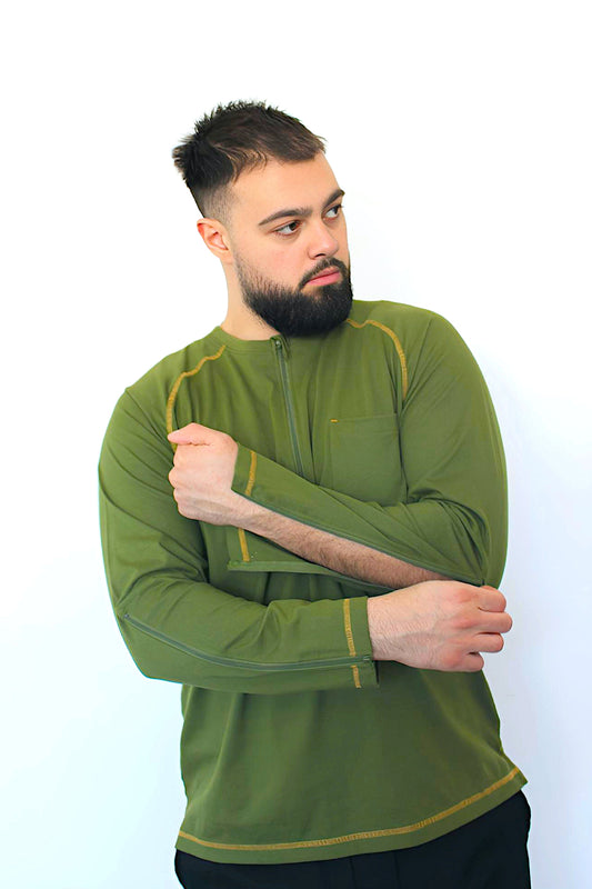 Men’s Adaptive Clothing Long Ragland Sleeve Soft Style Cotton Crow Neck Top, Half Zipper Front, Ragland Sleeve Zipper Easy Undressing