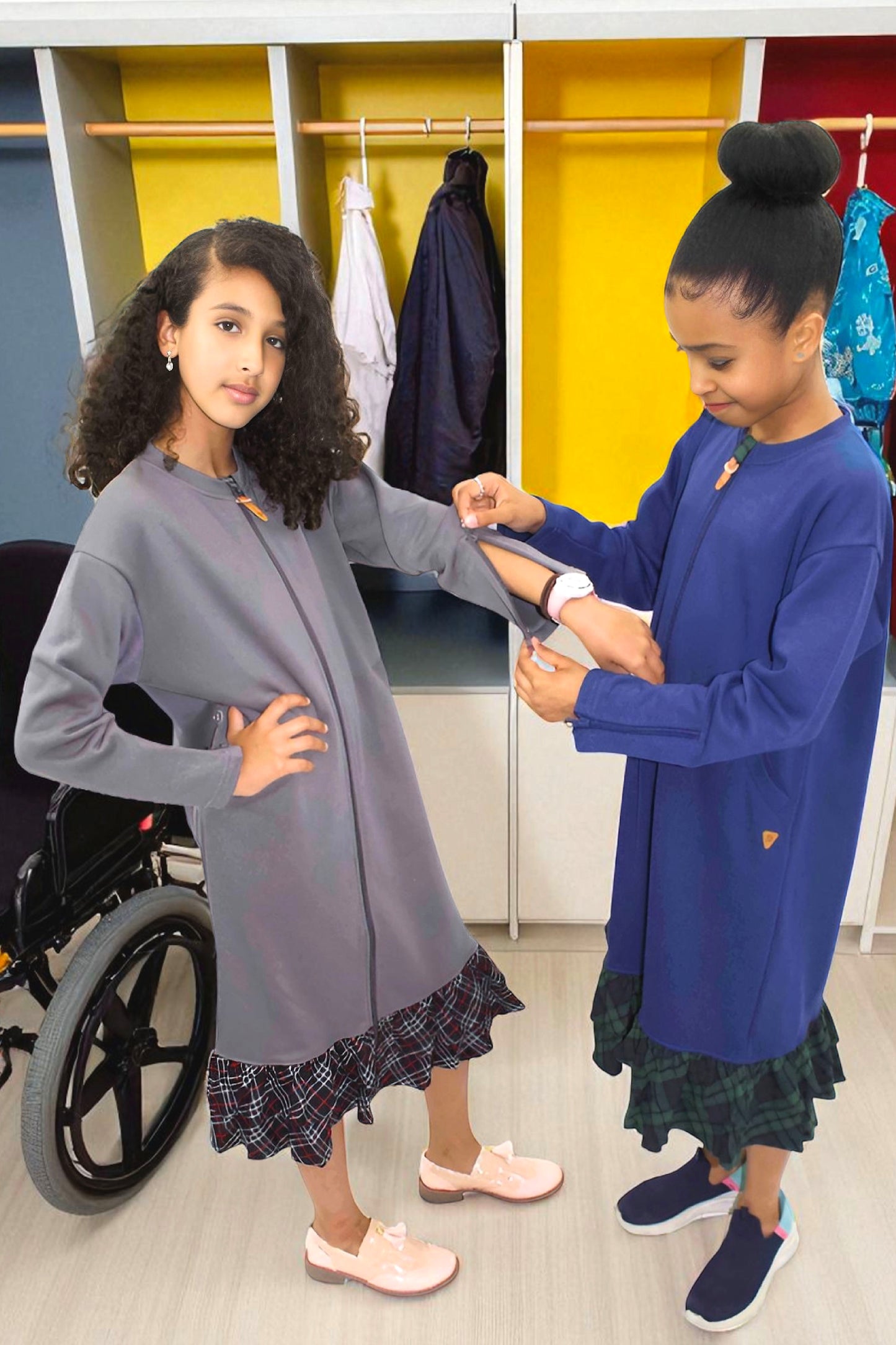 Adaptive Kids Dolman Sweatshirt Dress with full Zipper & Contrast Frills