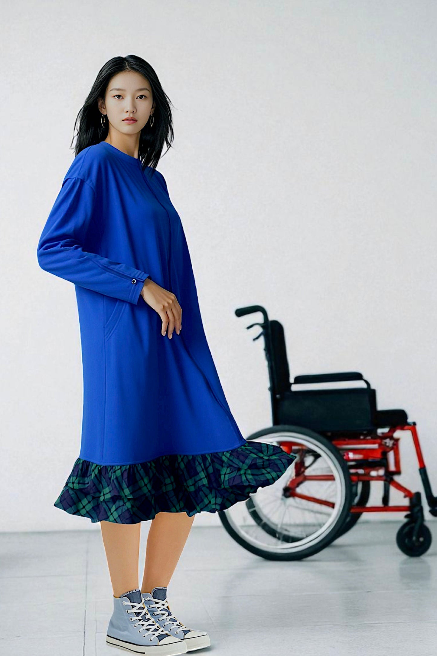 Adaptive Kids Dolman Sweatshirt Dress with full Zipper & Contrast Frills