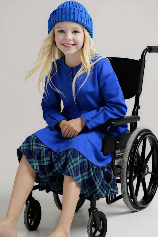 Adaptive Kids Dolman Sweatshirt Dress with full Zipper & Contrast Frills