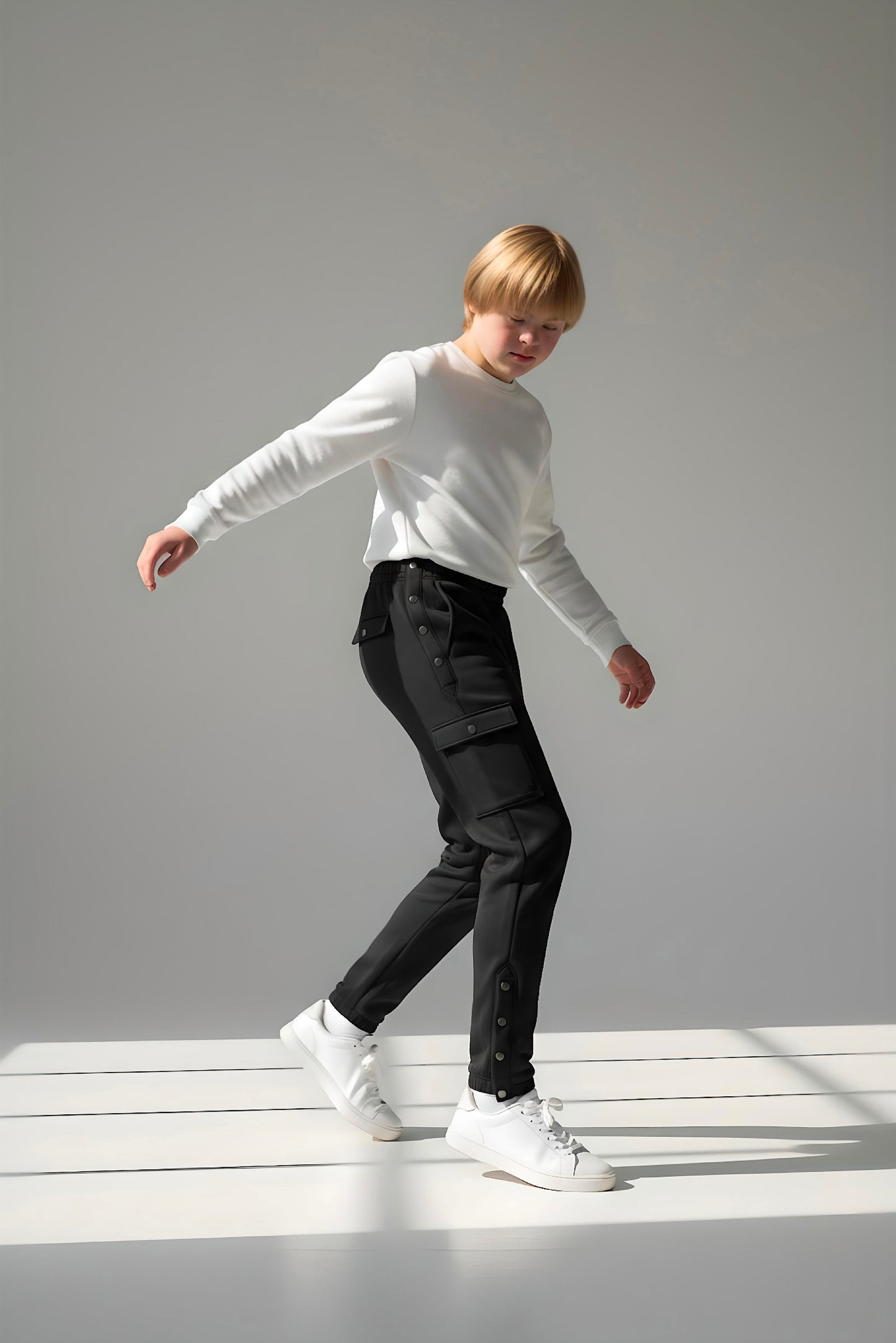 Adaptive Kids Cargo Joggers: Adjustable Elastic Waist & Side Zipper for Easy Undressing