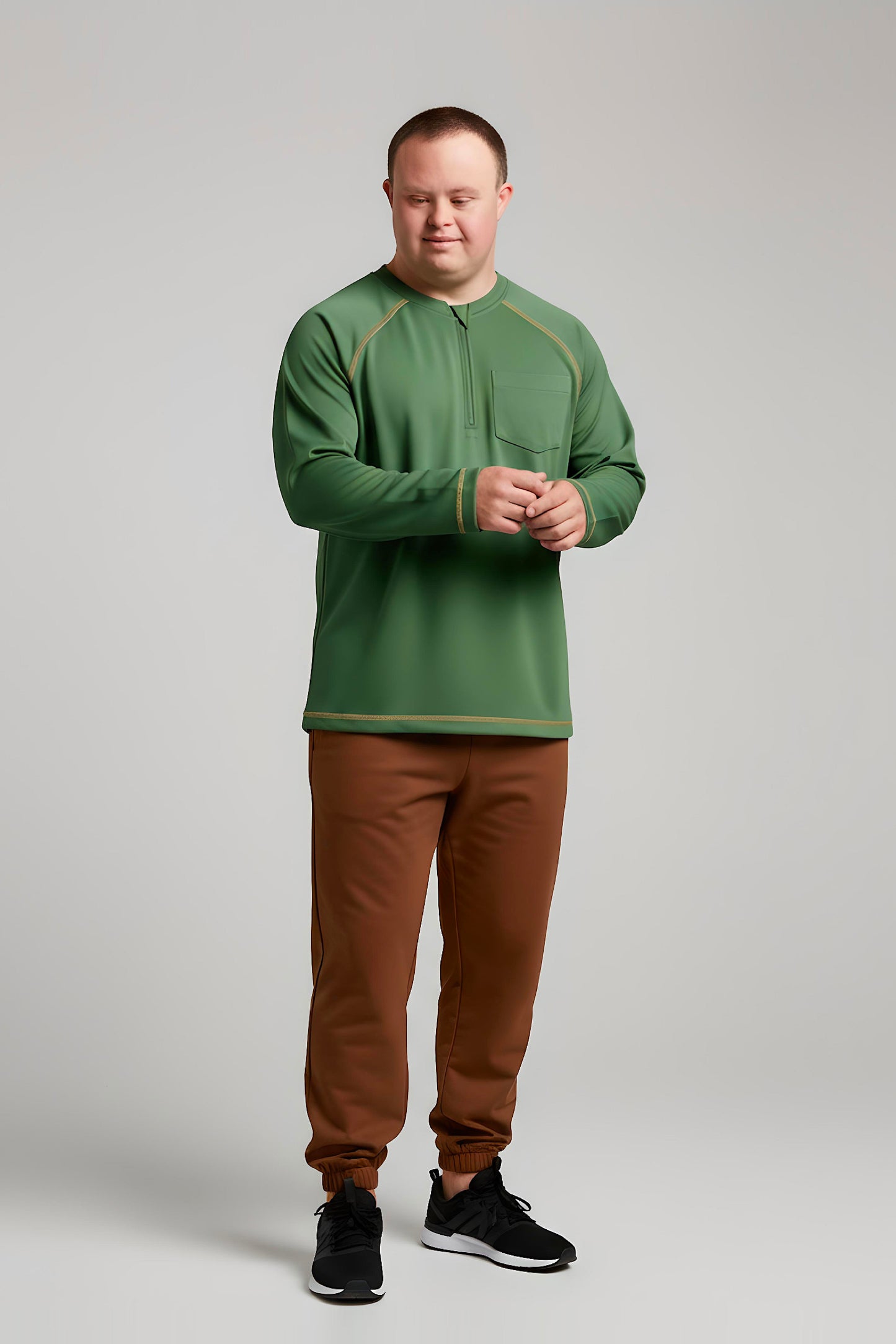 Men’s Adaptive Clothing Long Ragland Sleeve Soft Style Cotton Crow Neck Top, Half Zipper Front, Ragland Sleeve Zipper Easy Undressing