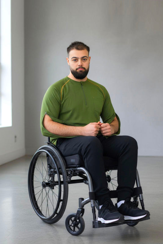 Men’s Adaptive Clothing Long Ragland Sleeve Soft Style Cotton Crow Neck Top, Half Zipper Front, Ragland Sleeve Zipper Easy Undressing