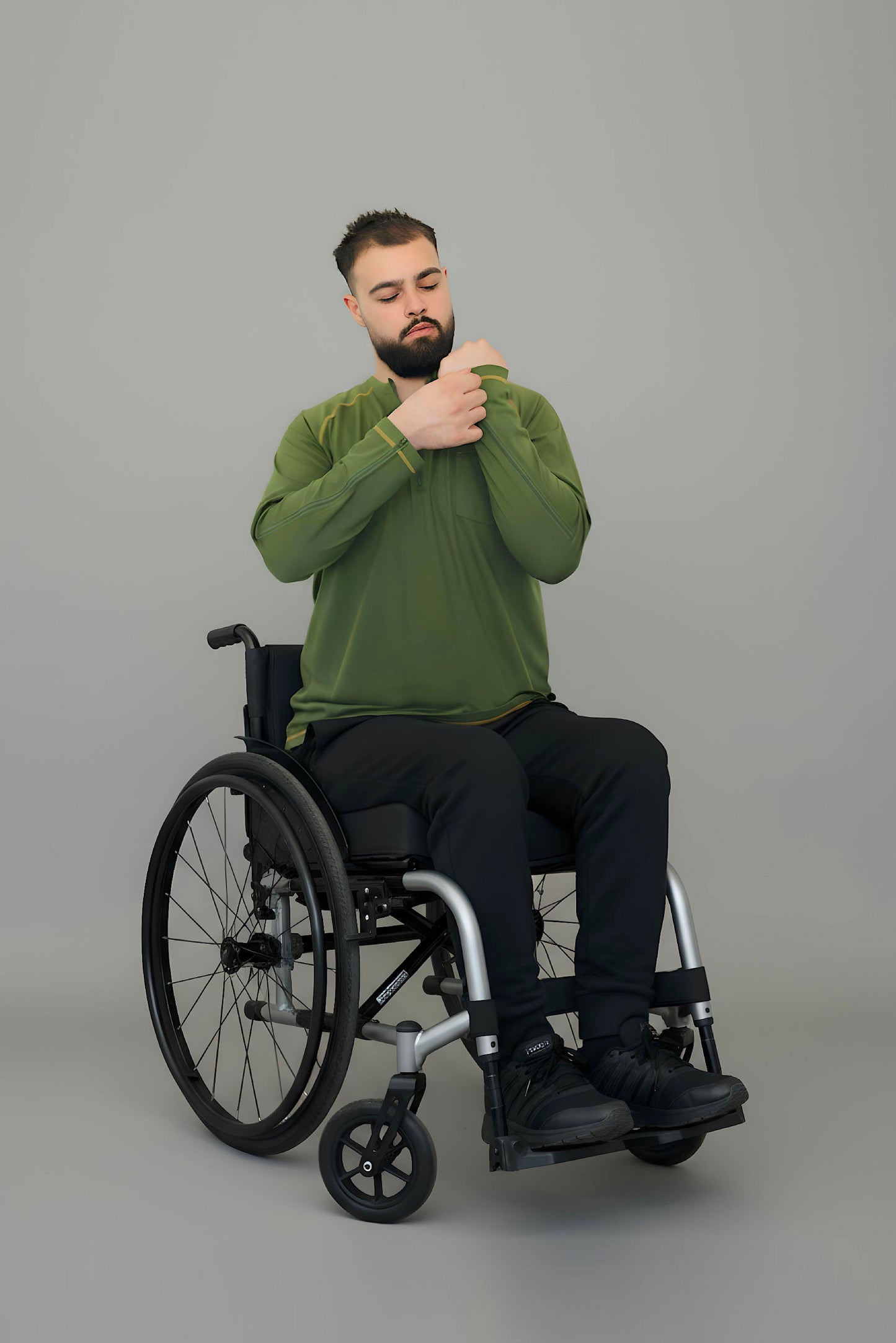 Men’s Adaptive Clothing Long Ragland Sleeve Soft Style Cotton Crow Neck Top, Half Zipper Front, Ragland Sleeve Zipper Easy Undressing