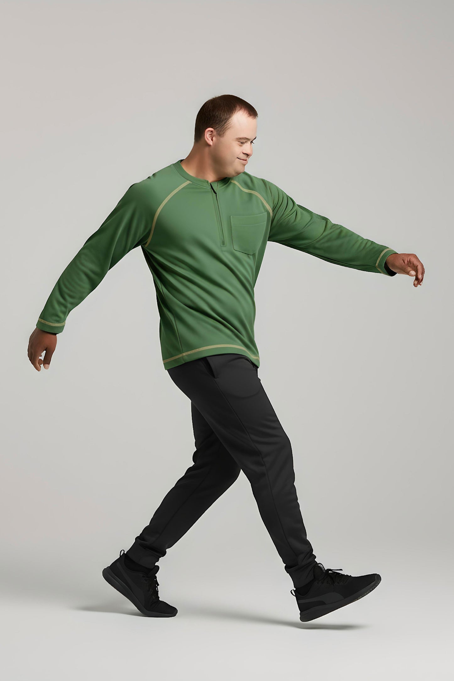 Men’s Adaptive Clothing Long Ragland Sleeve Soft Style Cotton Crow Neck Top, Half Zipper Front, Ragland Sleeve Zipper Easy Undressing