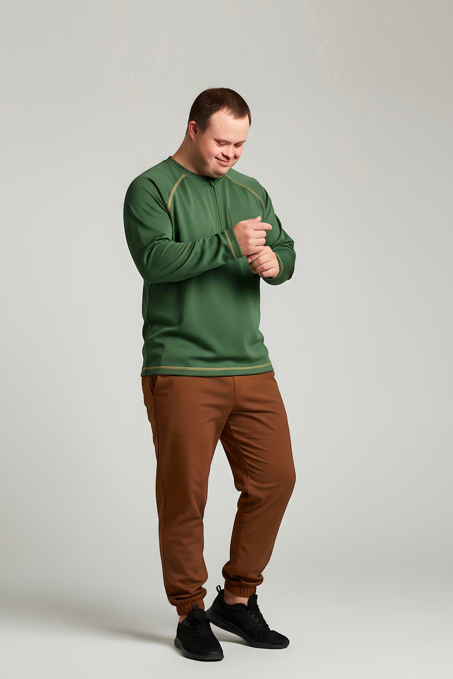 Men’s Adaptive Clothing Long Ragland Sleeve Soft Style Cotton Crow Neck Top, Half Zipper Front, Ragland Sleeve Zipper Easy Undressing