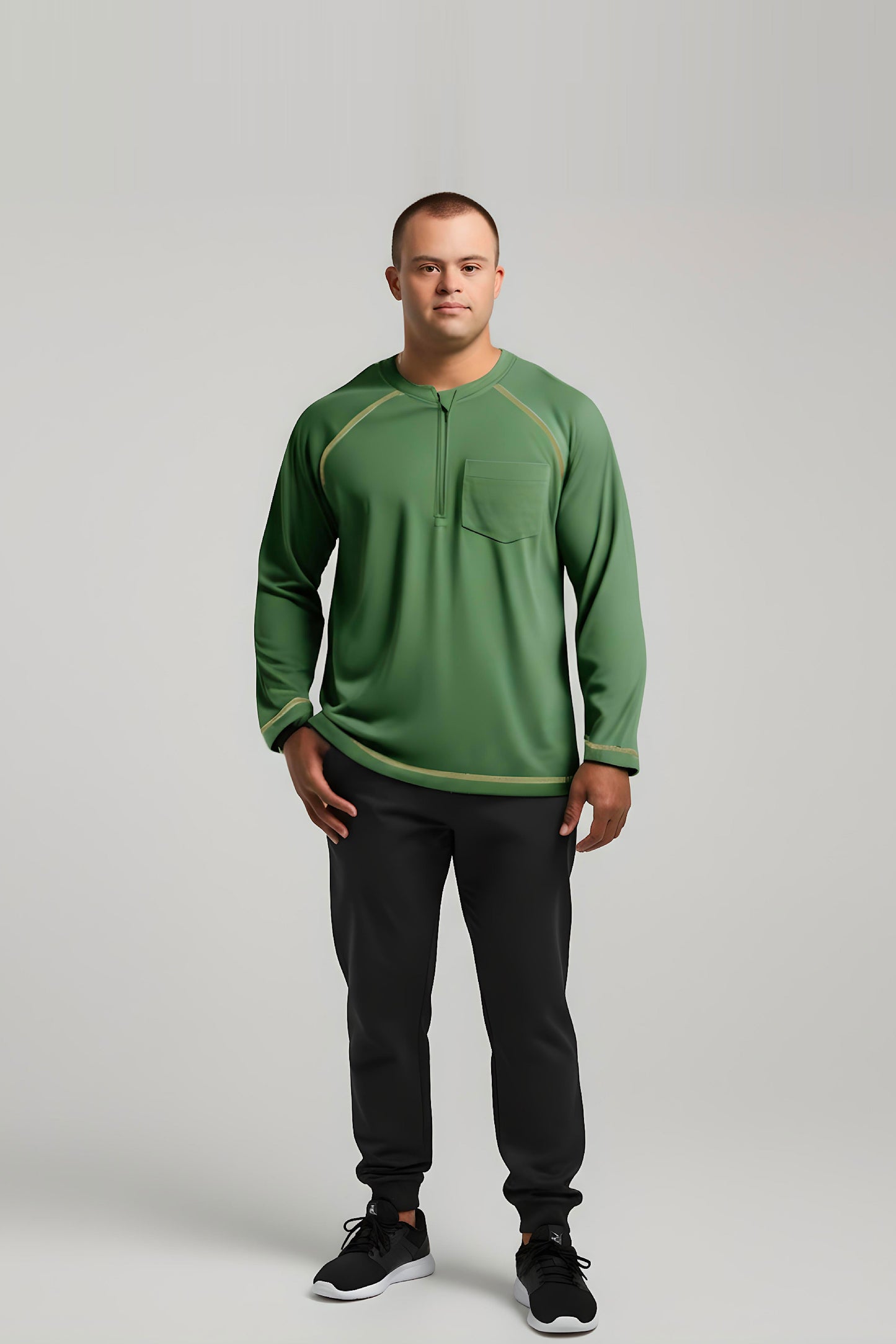 Men’s Adaptive Clothing Long Ragland Sleeve Soft Style Cotton Crow Neck Top, Half Zipper Front, Ragland Sleeve Zipper Easy Undressing