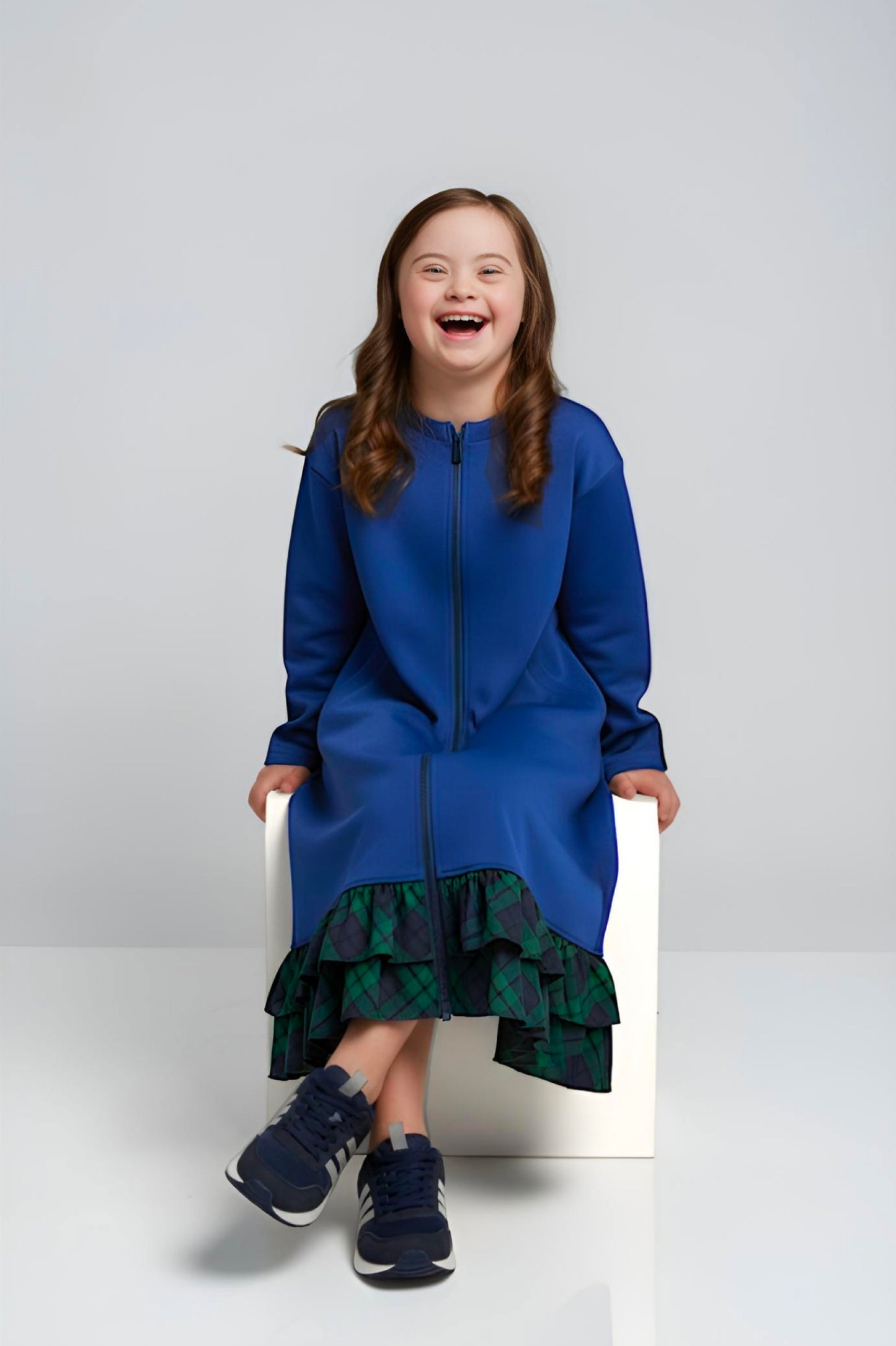Adaptive Kids Dolman Sweatshirt Dress with full Zipper & Contrast Frills