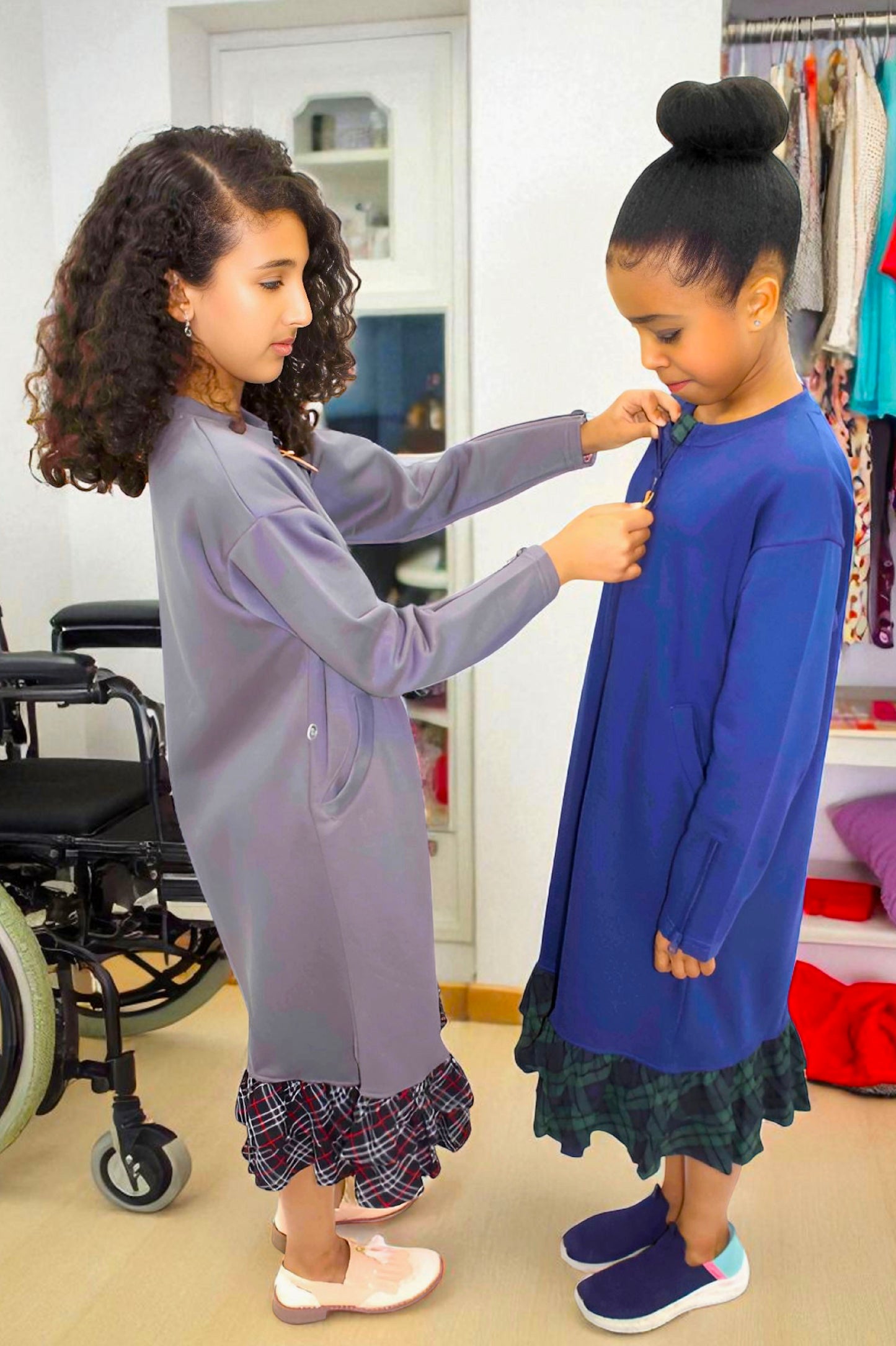 Adaptive Kids Dolman Sweatshirt Dress with full Zipper & Contrast Frills
