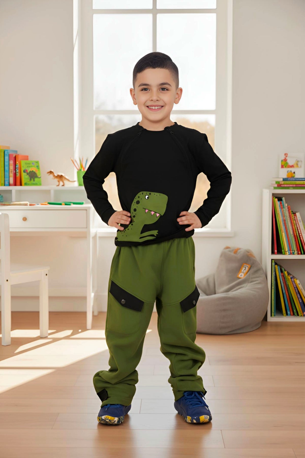 Adaptive Clothing: Dragon Print Kids’ Top with Two Front Neck Zippers