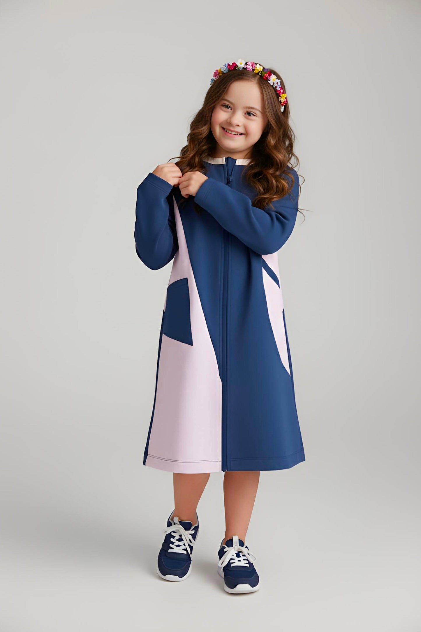 Adaptive Kids Crow Neck Dress with Cargo Pocket & Full Front Zipper for Easy Undressing