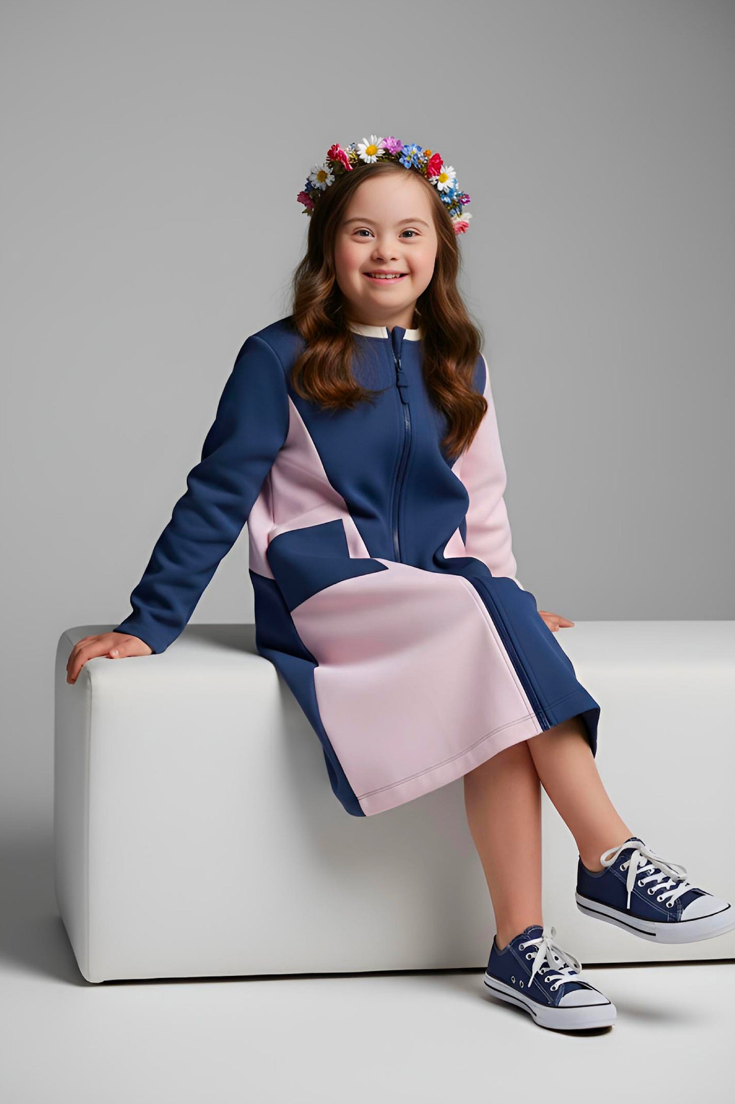 Adaptive Kids Crow Neck Dress with Cargo Pocket & Full Front Zipper for Easy Undressing
