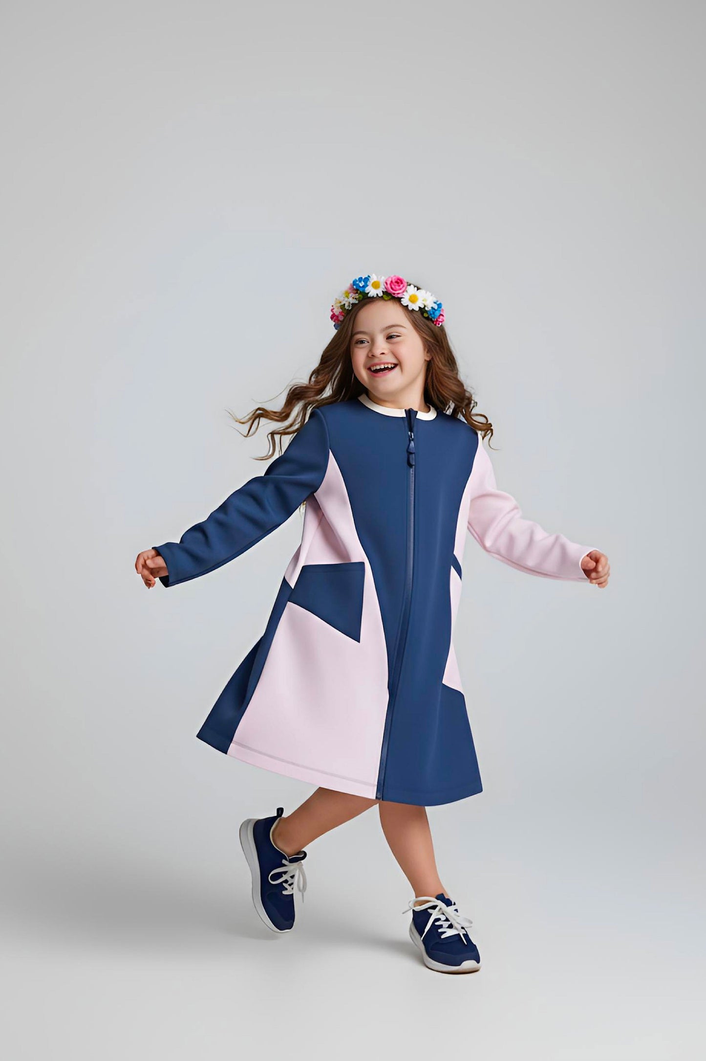Adaptive Kids Crow Neck Dress with Cargo Pocket & Full Front Zipper for Easy Undressing