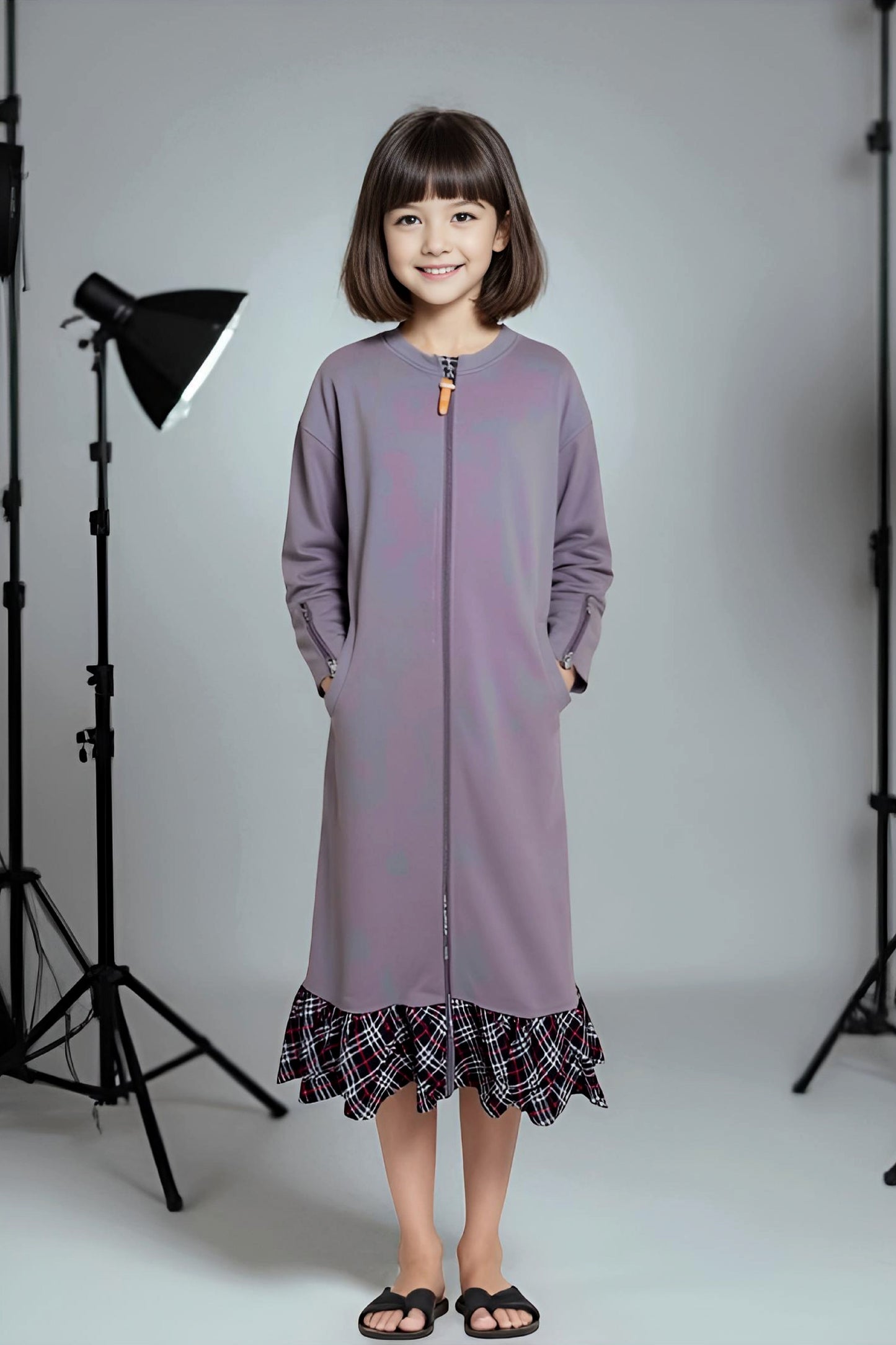 Adaptive Kids Dolman Sweatshirt Dress with full Zipper & Contrast Frills