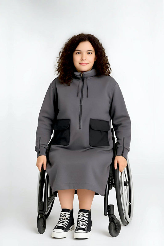 Adaptive Kids Hoodie Dress with Front Zipper & Easy-Undressing Sleeves