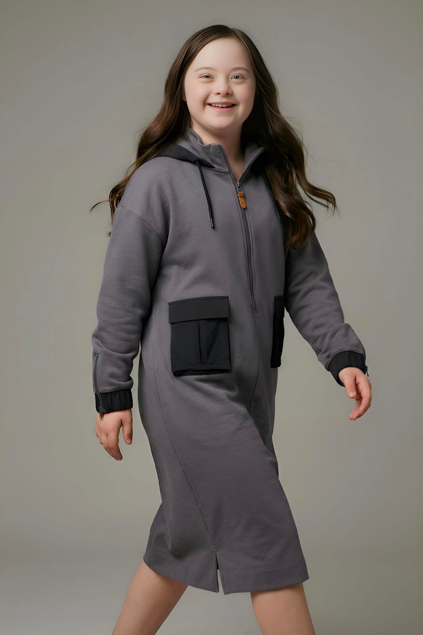 Adaptive Kids Hoodie Dress with Front Zipper & Easy-Undressing Sleeves