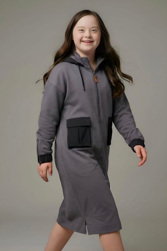 Adaptive Kids Hoodie Dress with Front Zipper & Easy-Undressing Sleeves