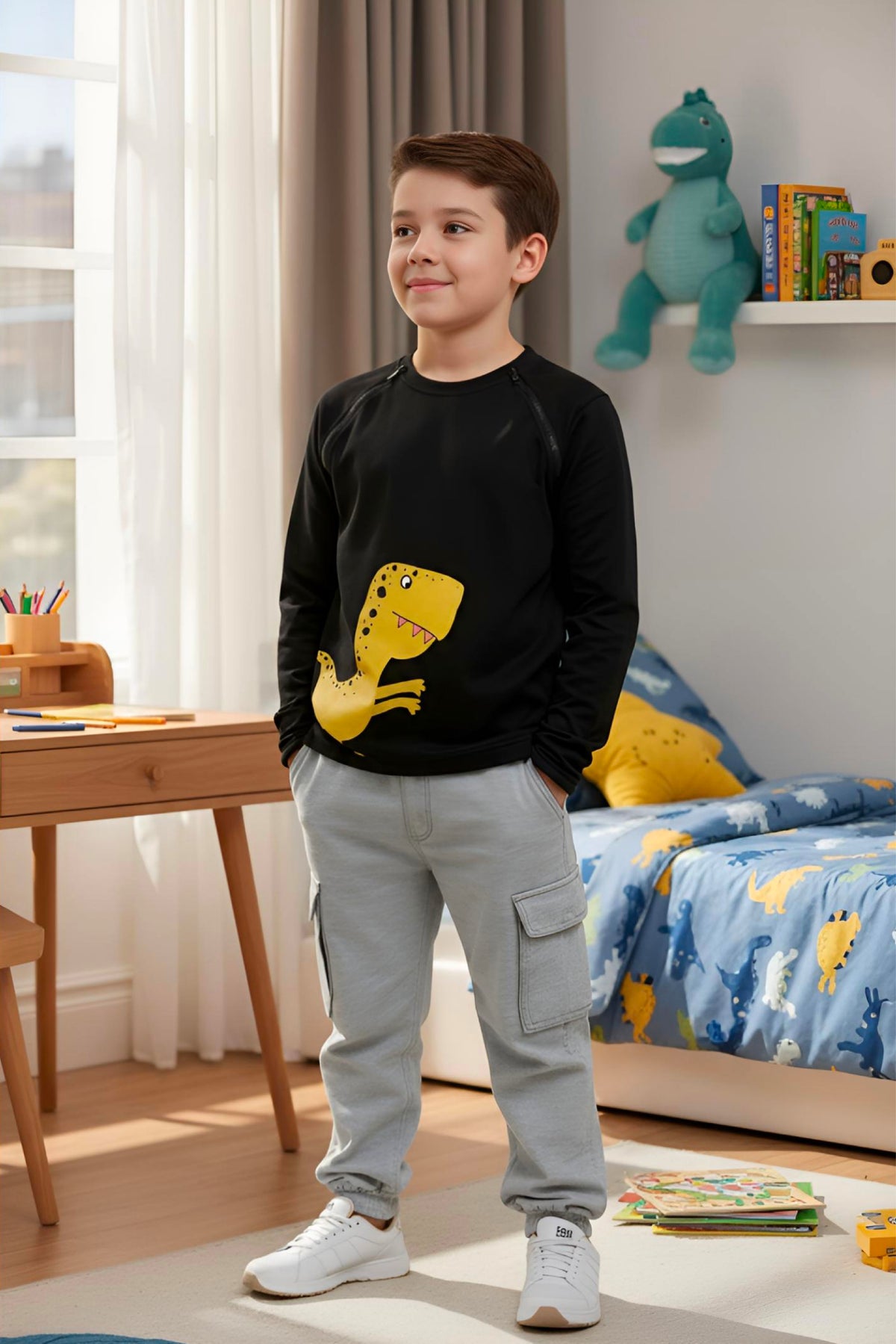 Adaptive Clothing: Dragon Print Kids’ Top with Two Front Neck Zippers