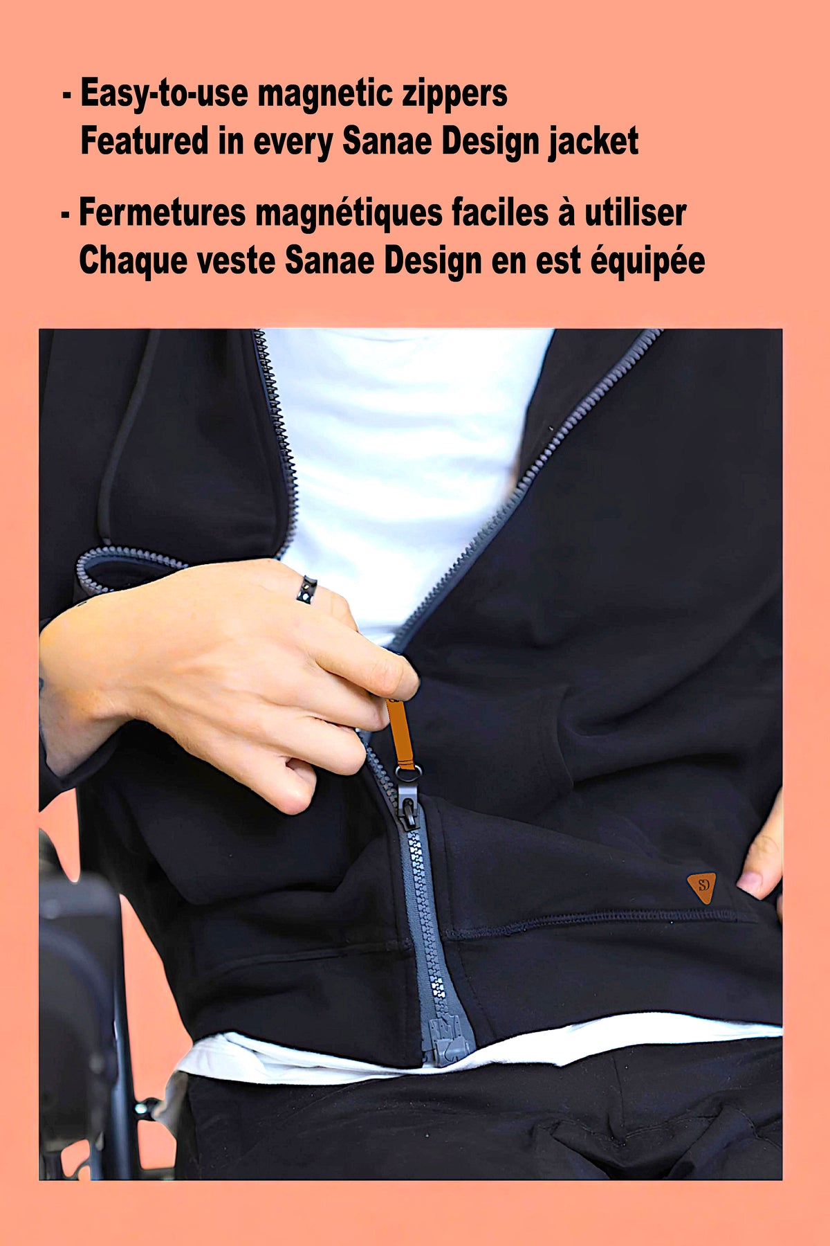 Men’s Adaptive Clothing Sweatshirt Magnetic Zipper Jacket, Collar & Cargo Pocket, Inside Chest Pocket Ring for Passing a Medical Tube